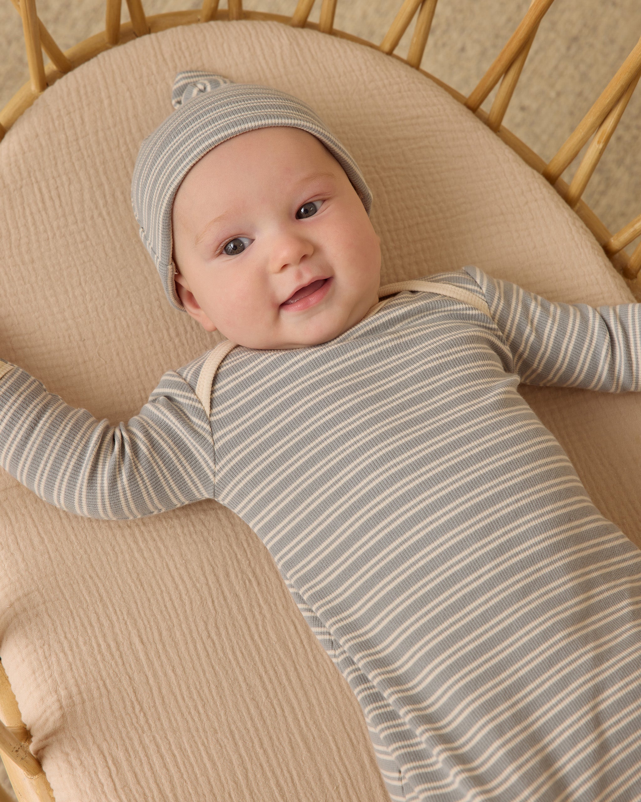 Knotted Baby Gown + Hat Set || Steel Blue Micro Stripe