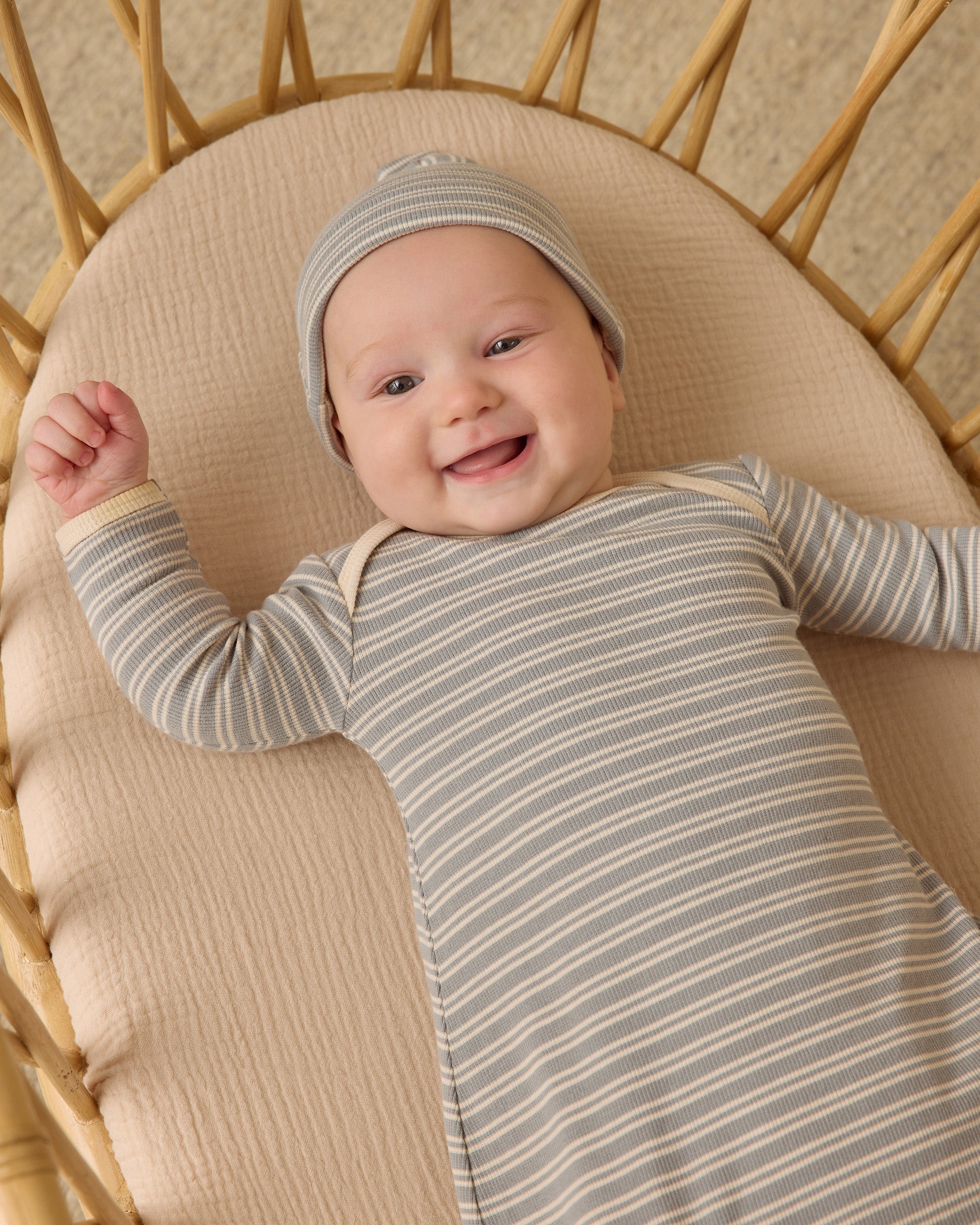 Knotted Baby Gown + Hat Set || Steel Blue Micro Stripe