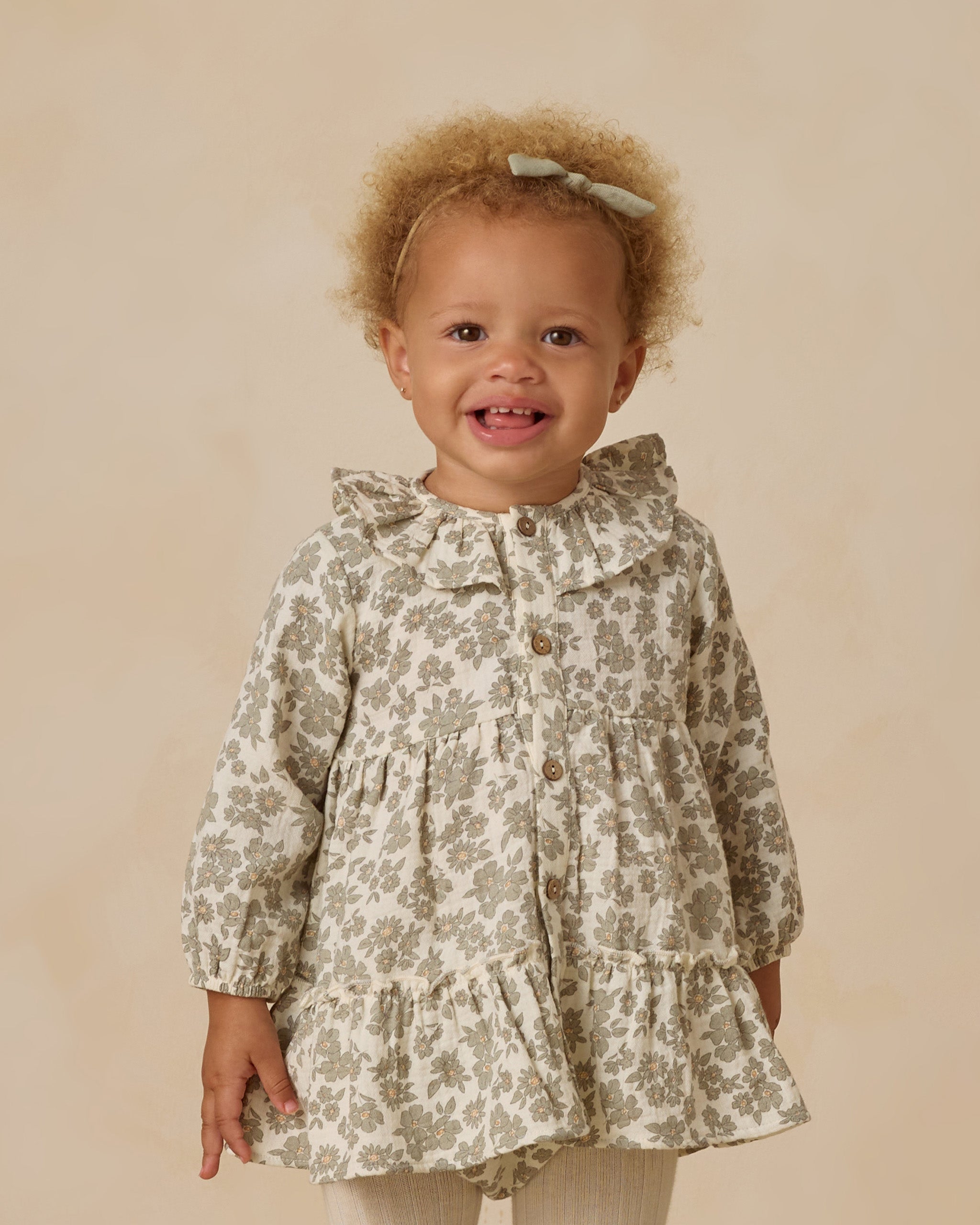 Ruffle Collar Button Dress || Green Floral