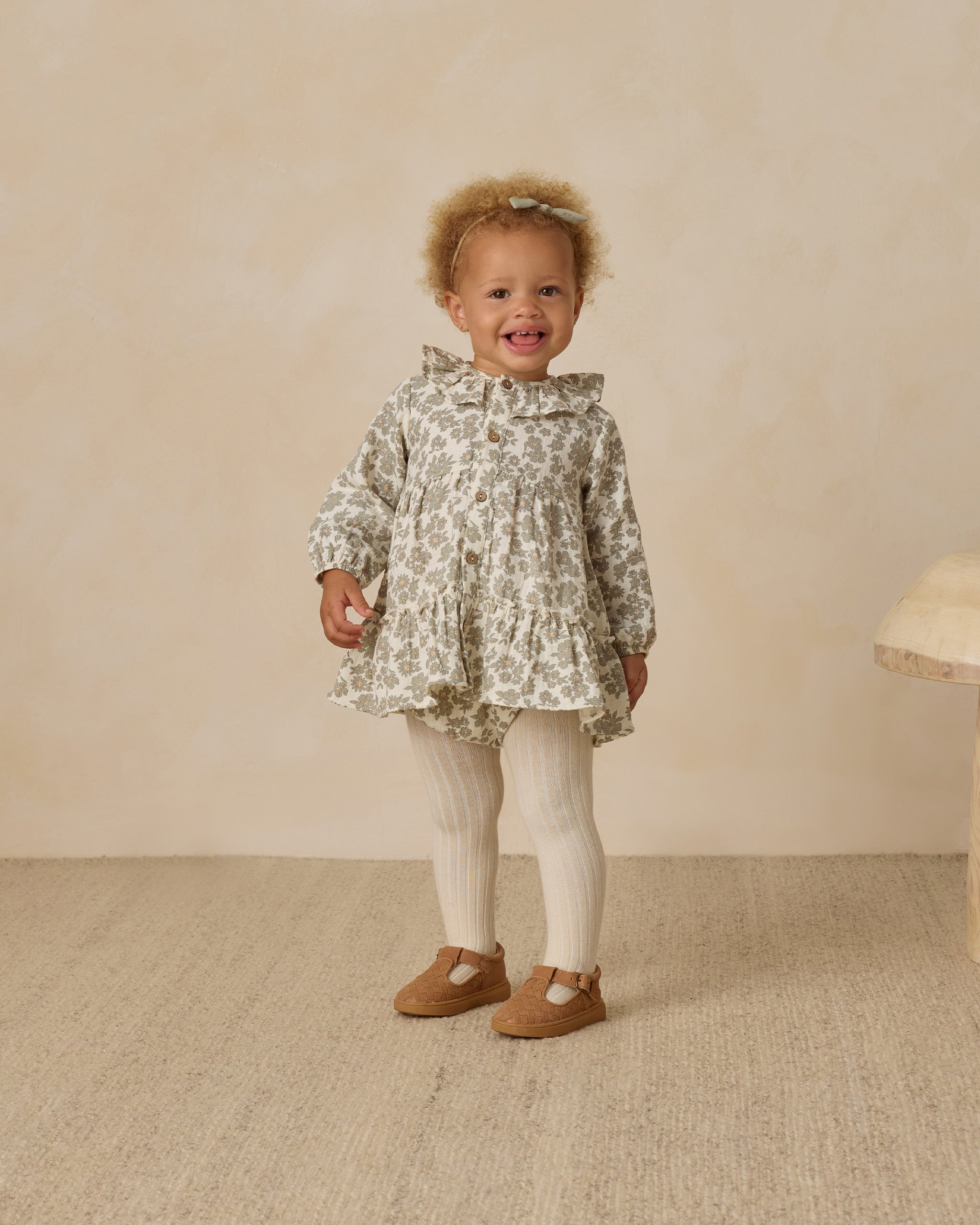 Ruffle Collar Button Dress || Green Floral