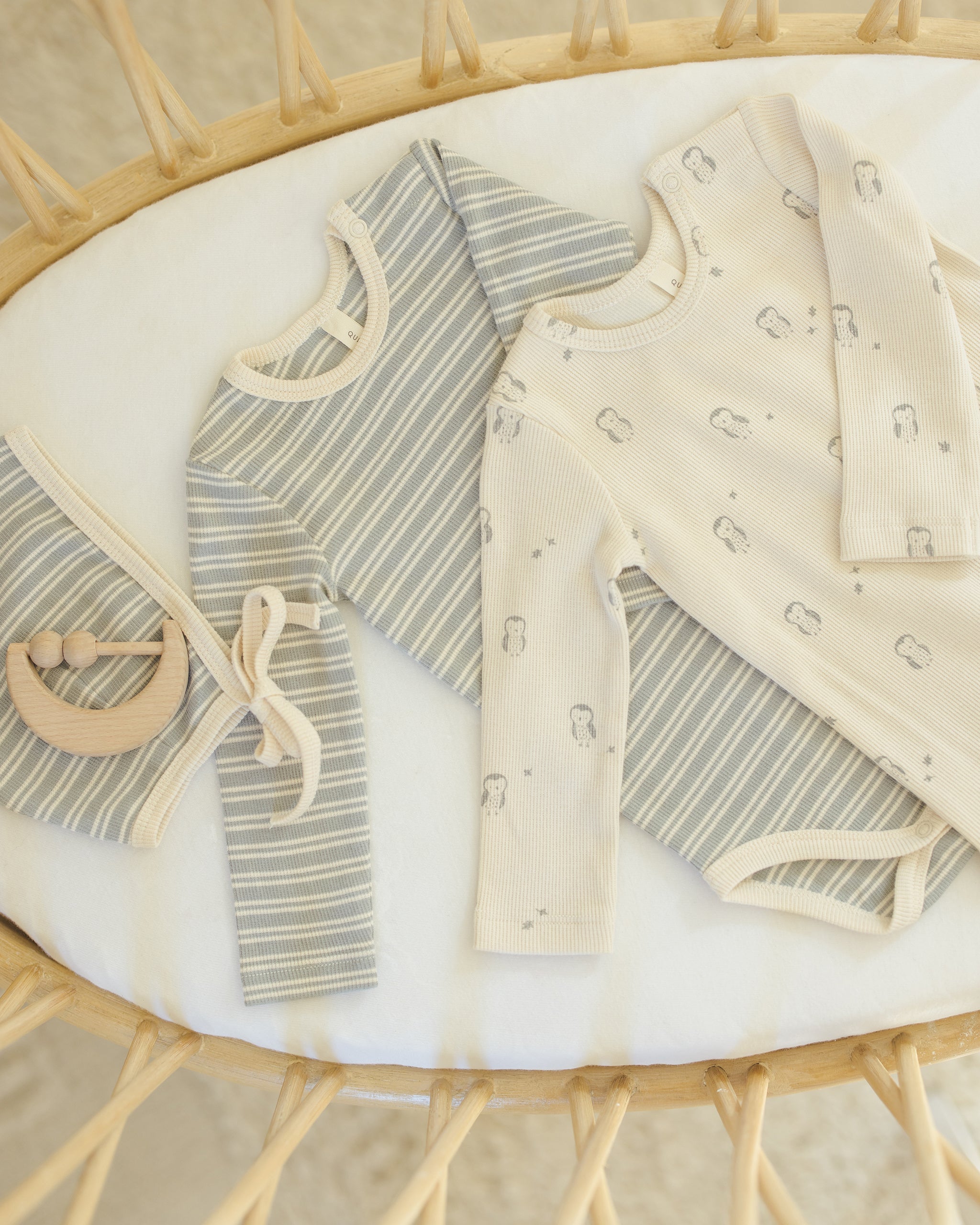 Ribbed Bodysuit, 2 Pack || Steel Blue Micro Stripe, Owls