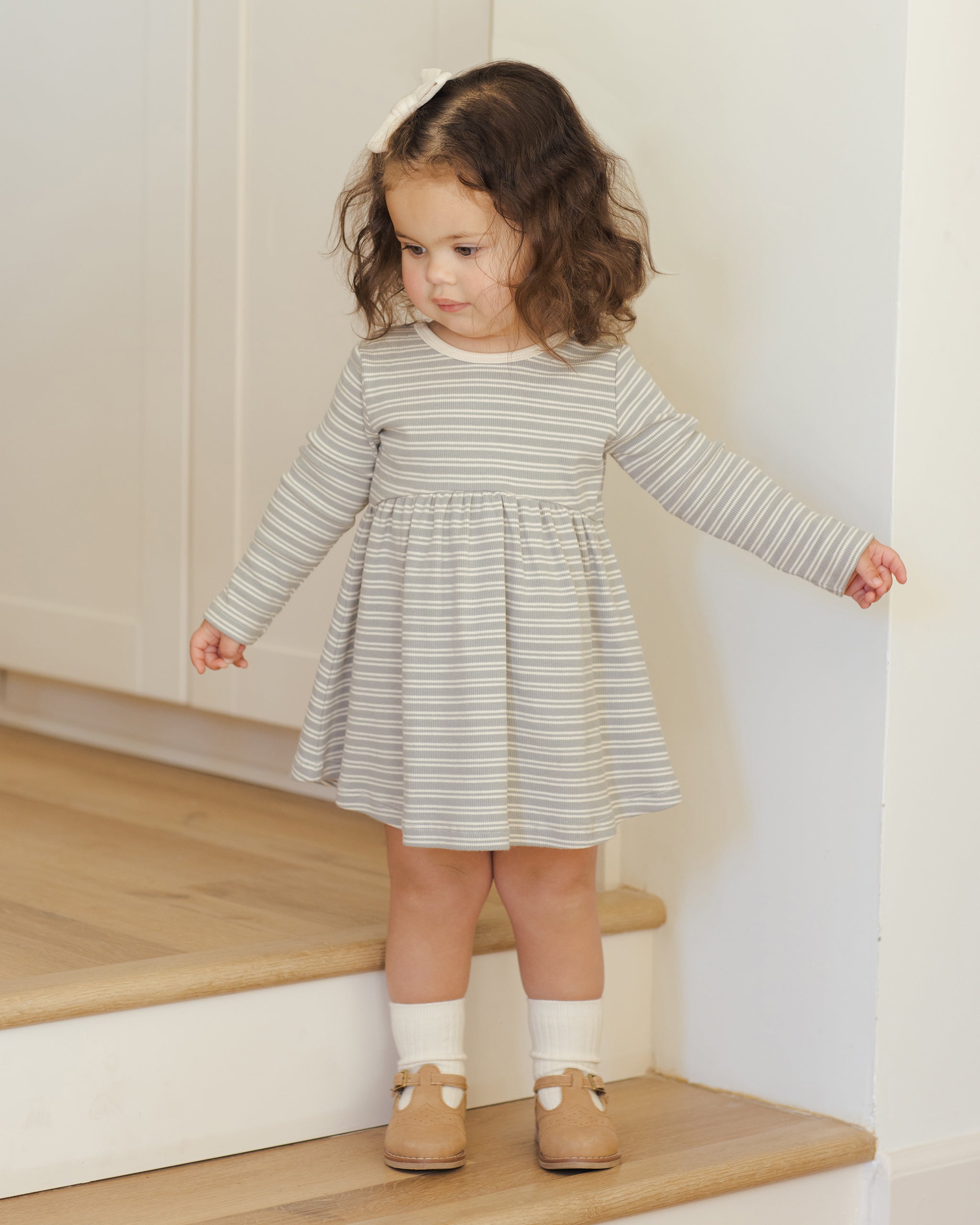 Ribbed Long Sleeve Dress || Steel Blue Micro Stripe