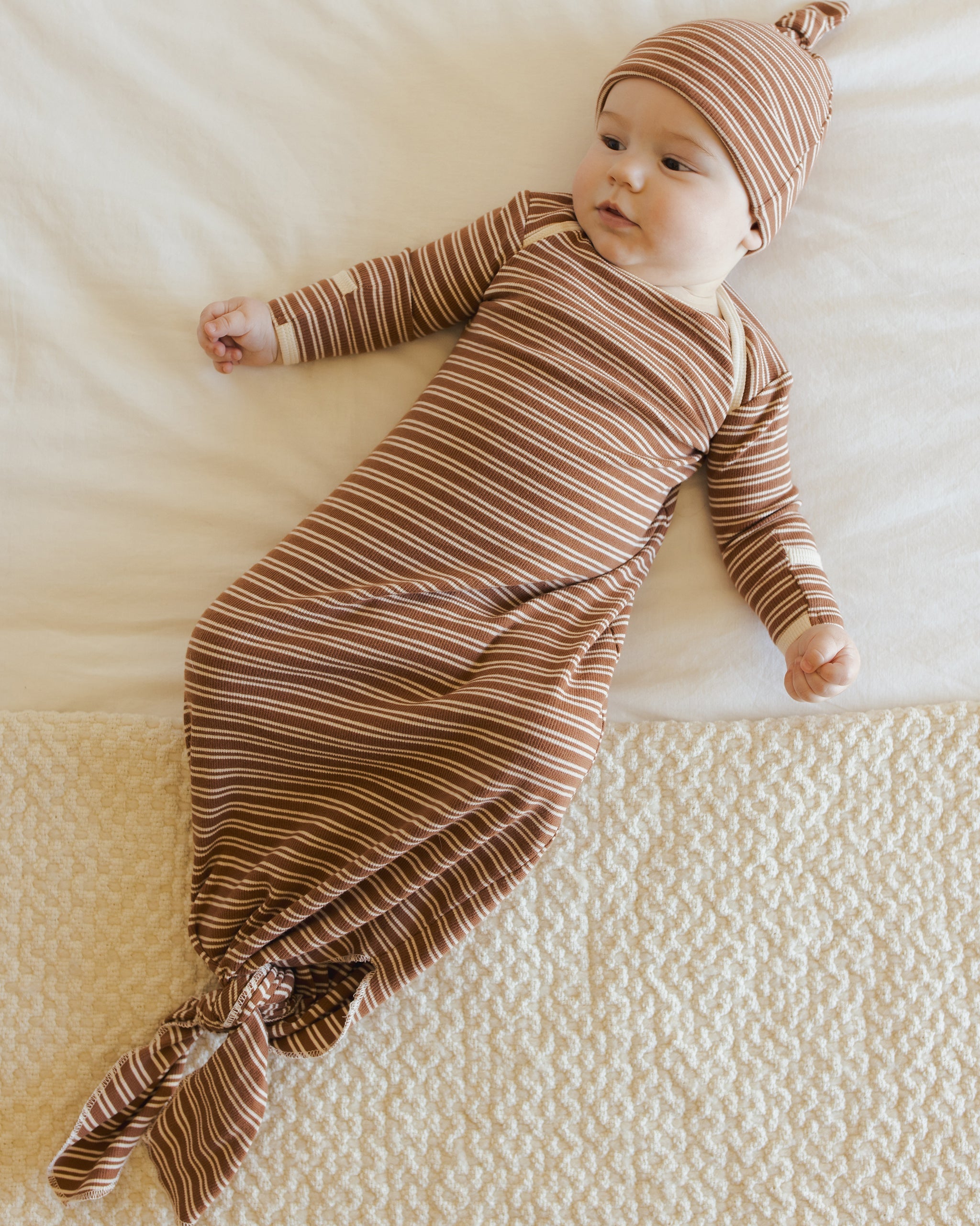 Knotted Baby Gown + Hat Set || Cedar Micro Stripe
