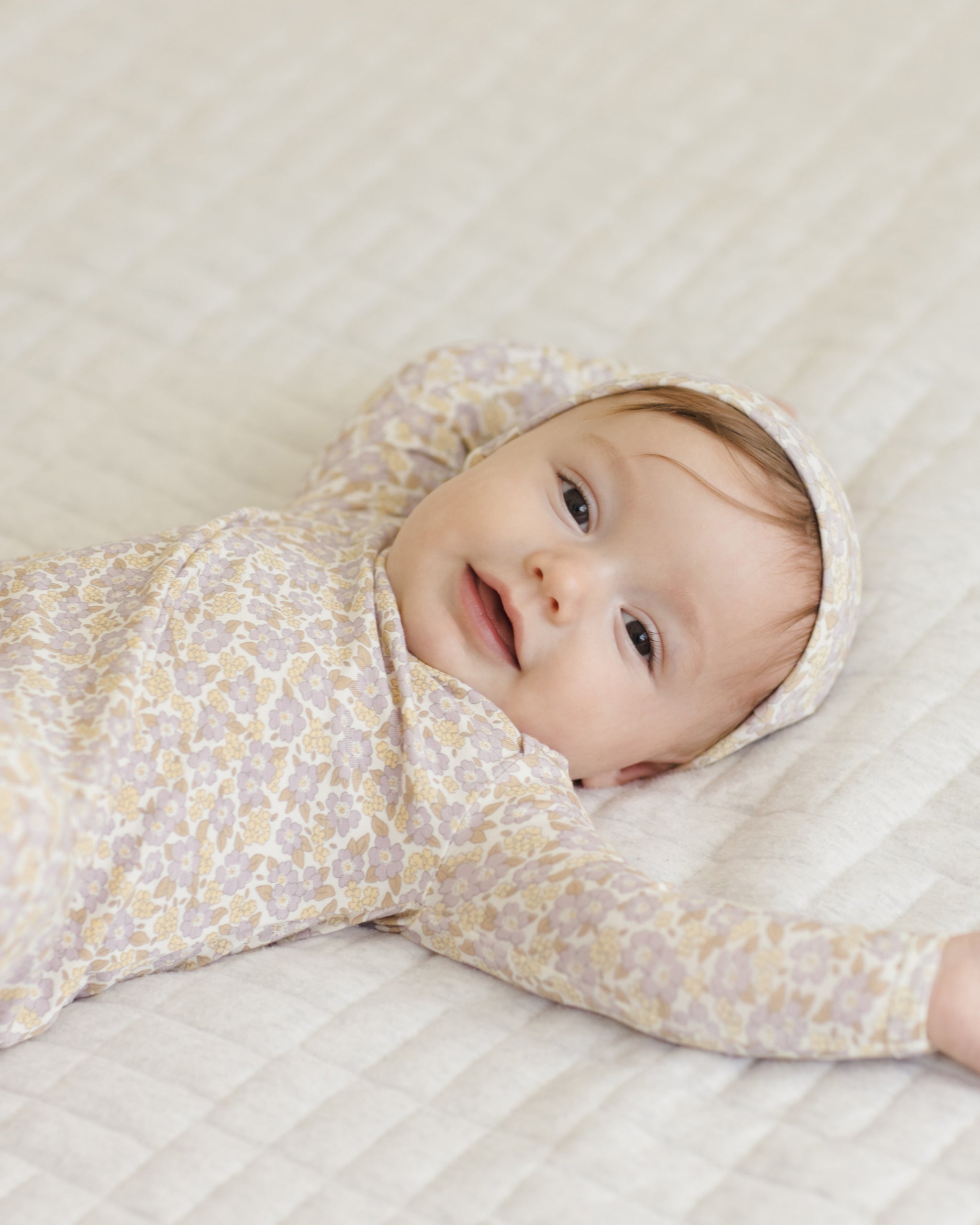 Knotted Baby Gown + Hat Set || Purple Floral