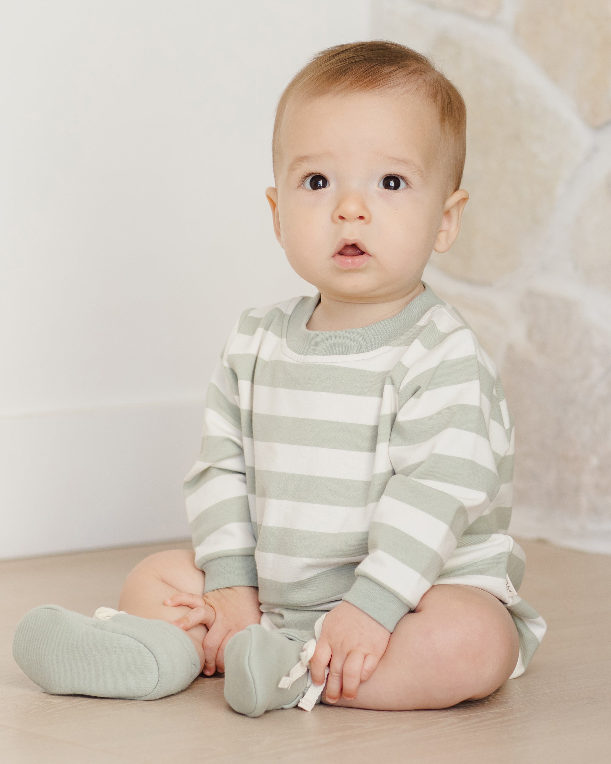 Crewneck Bubble Romper || Sage Stripe