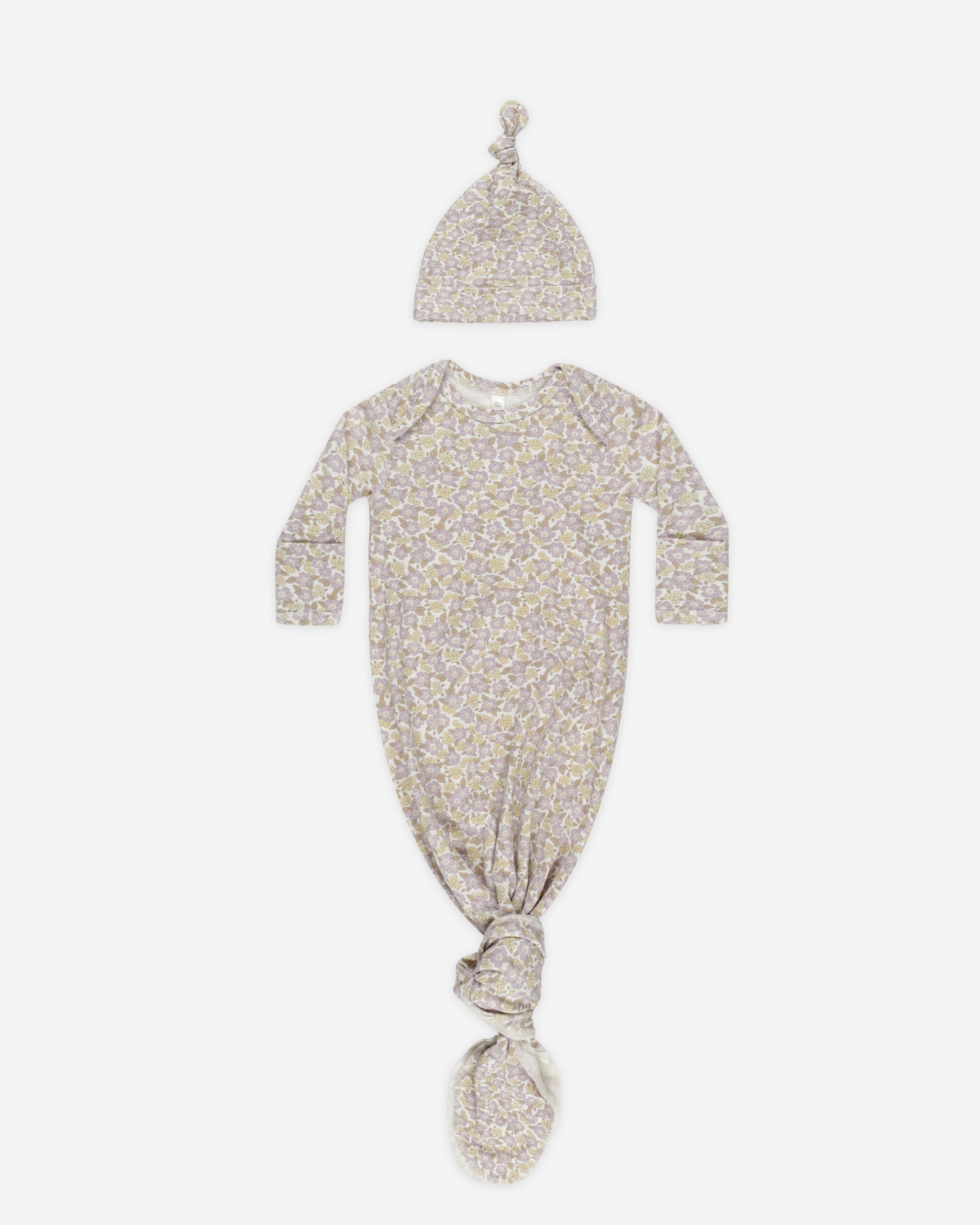 Knotted Baby Gown + Hat Set || Purple Floral