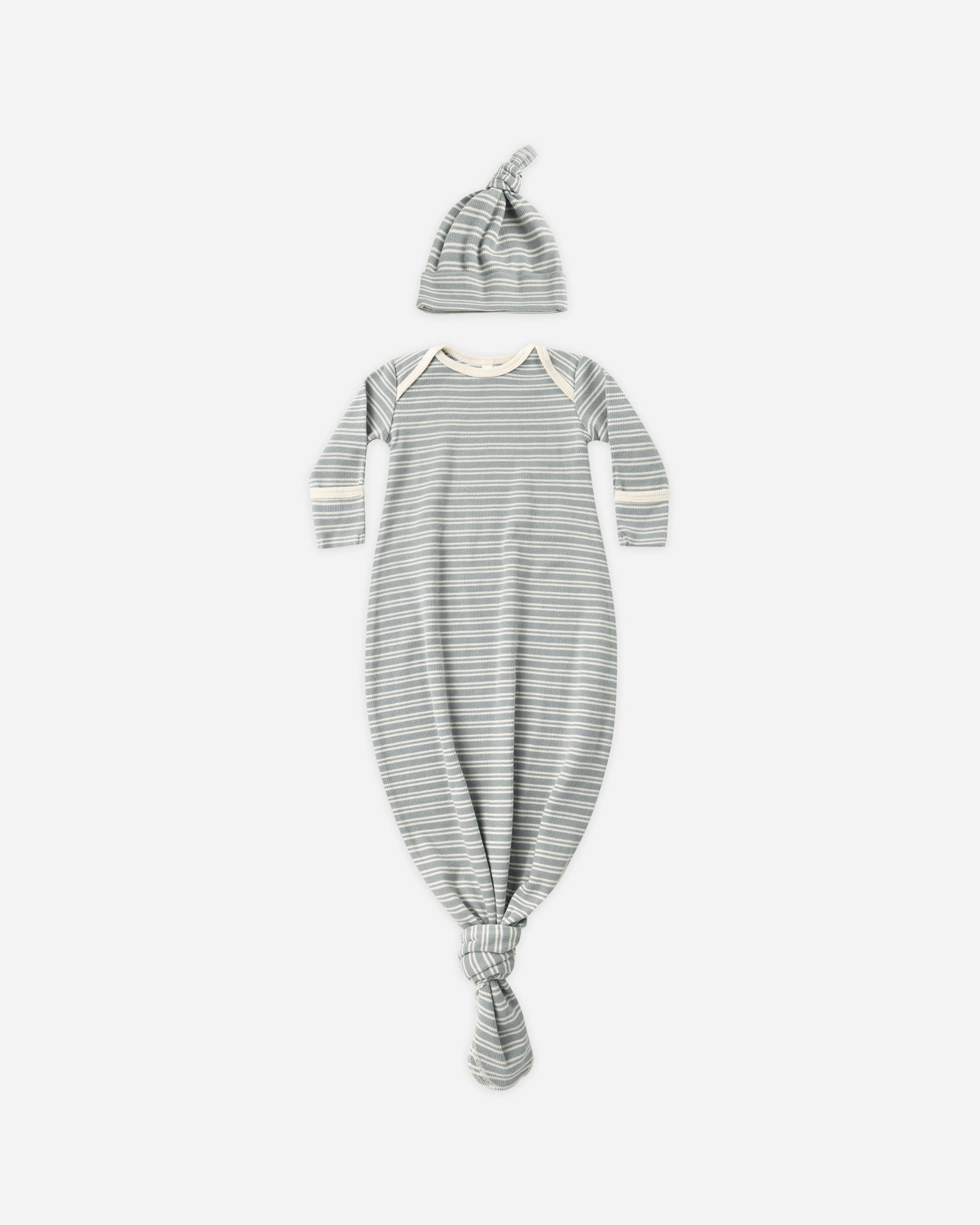 Knotted Baby Gown + Hat Set || Steel Blue Micro Stripe