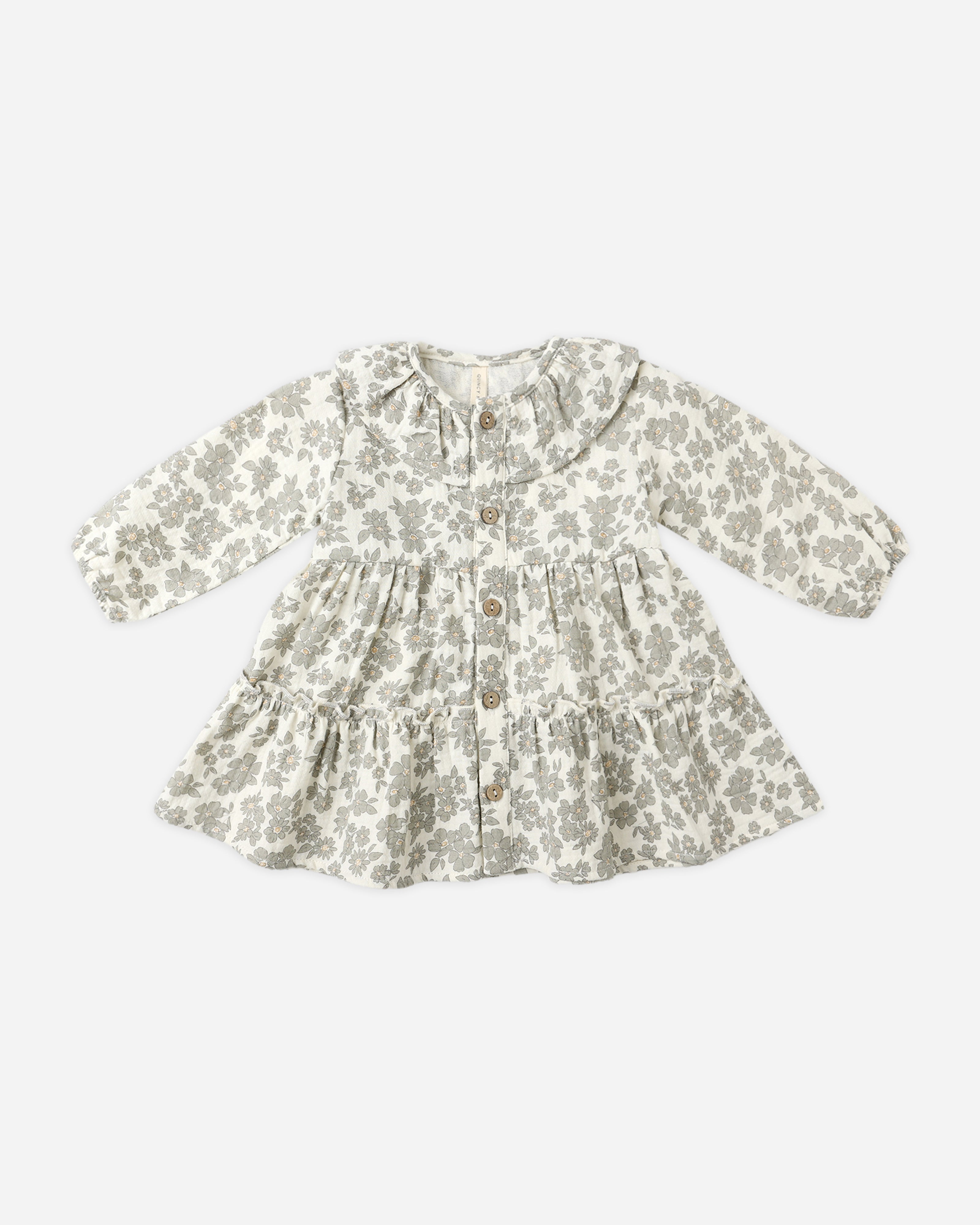 Ruffle Collar Button Dress || Green Floral