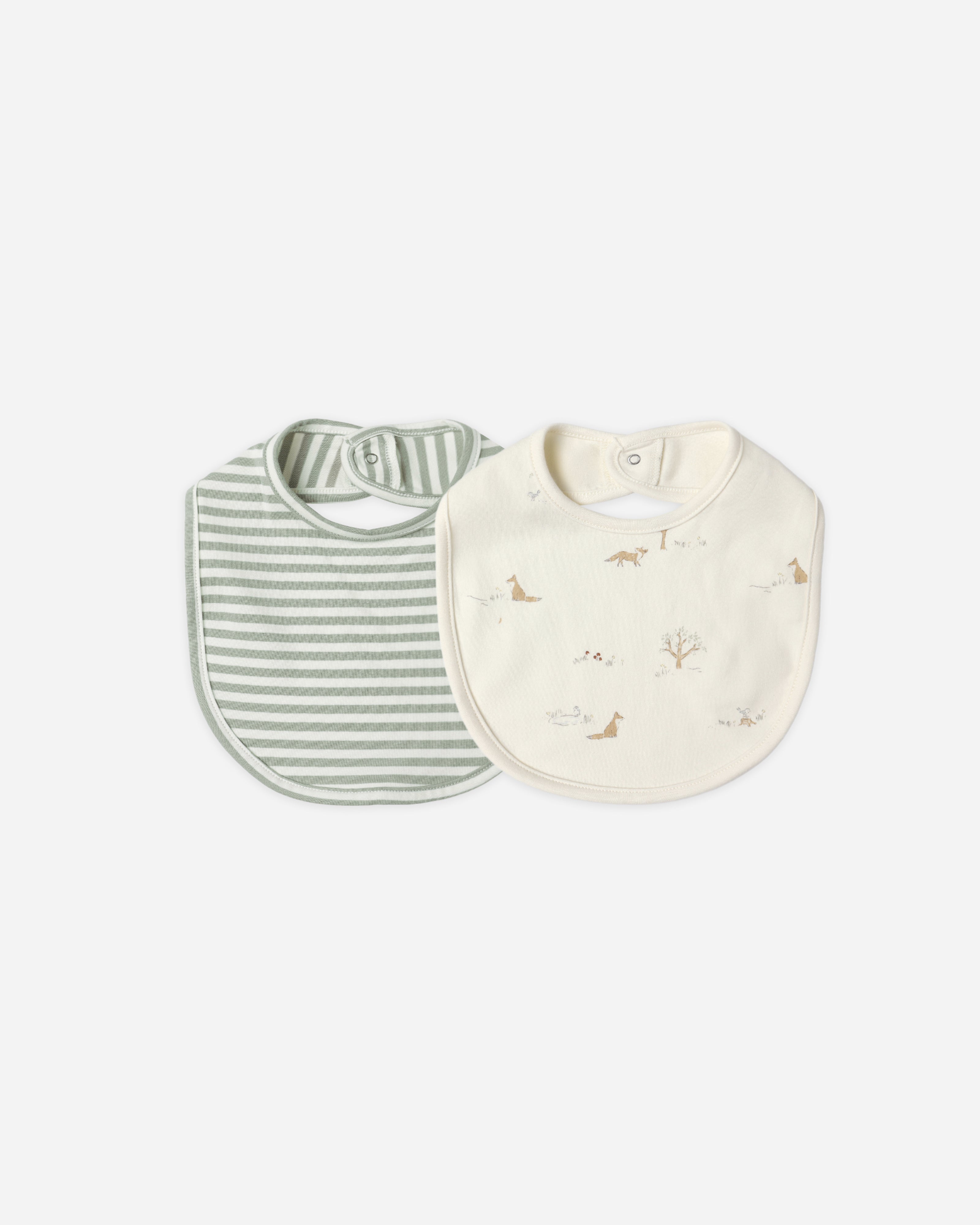 Jersey Snap Bib, 2 Pack || Fox Land, Fern Stripe