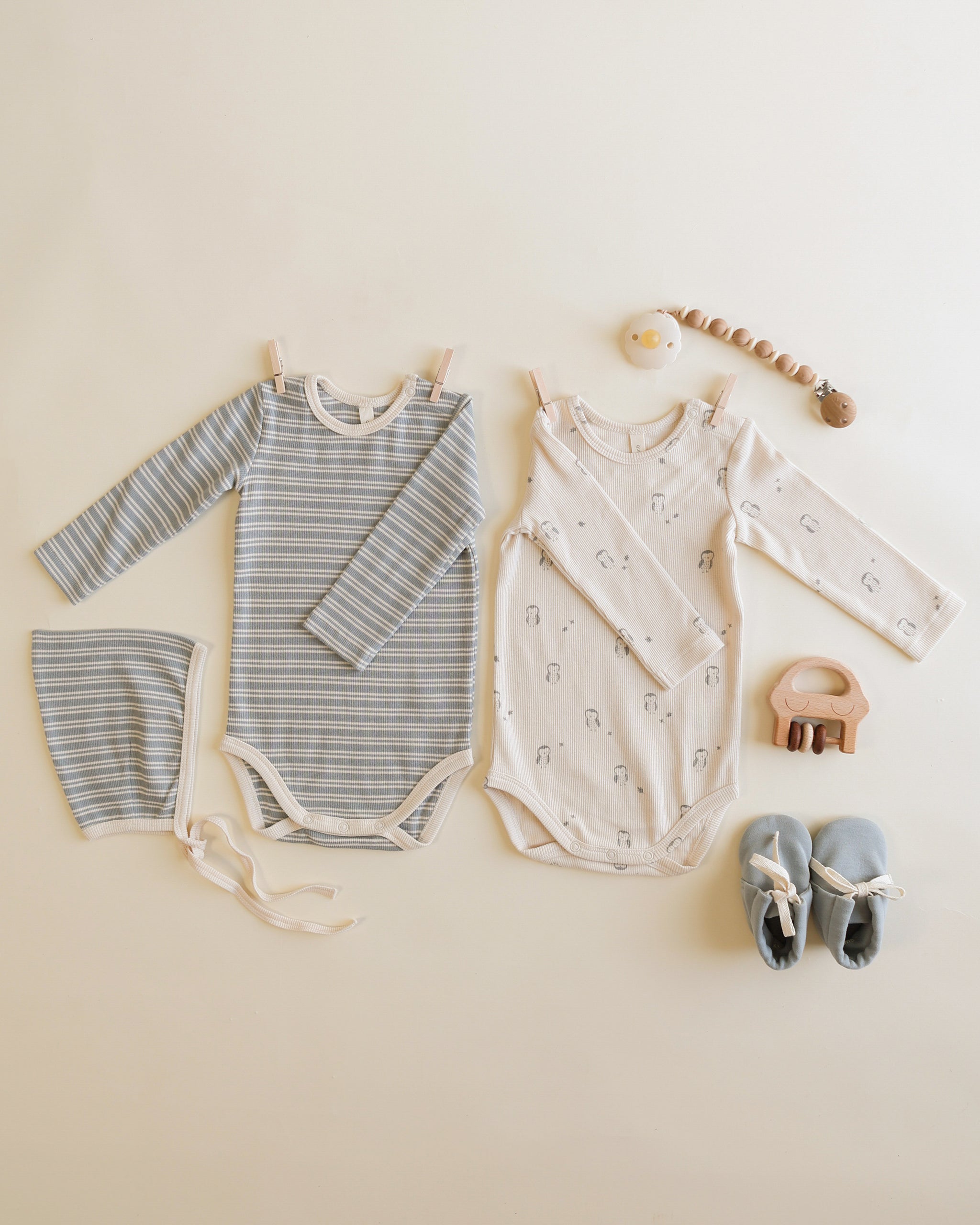 Ribbed Bodysuit, 2 Pack || Steel Blue Micro Stripe, Owls