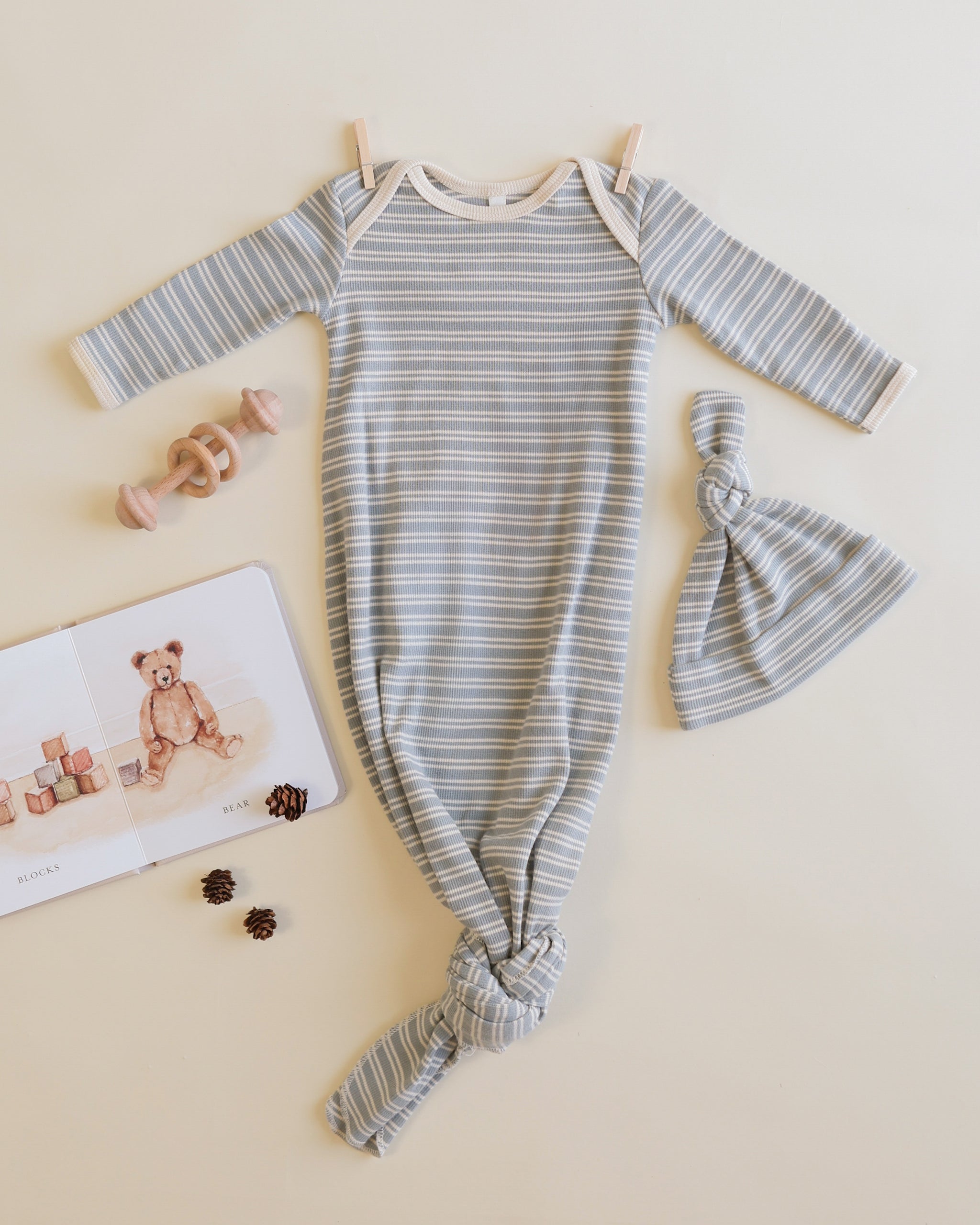 Knotted Baby Gown + Hat Set || Steel Blue Micro Stripe