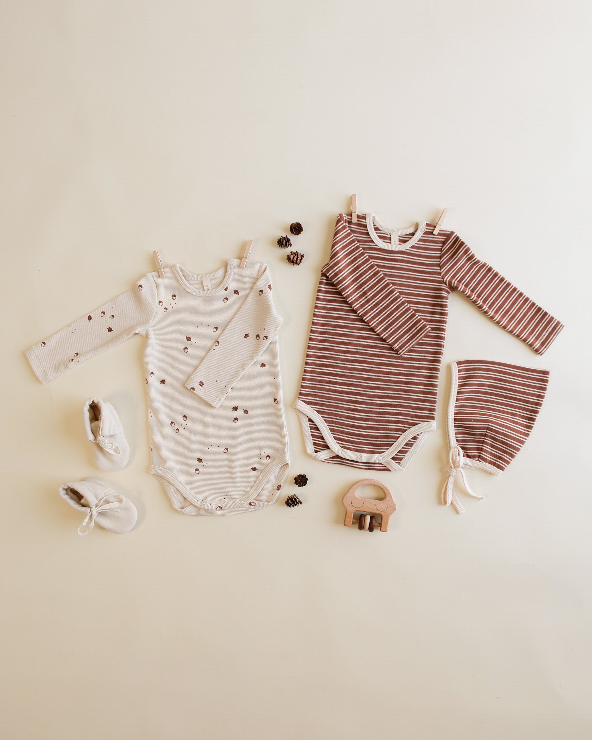Ribbed Bodysuit, 2 Pack || Cedar Micro Stripe, Acorns