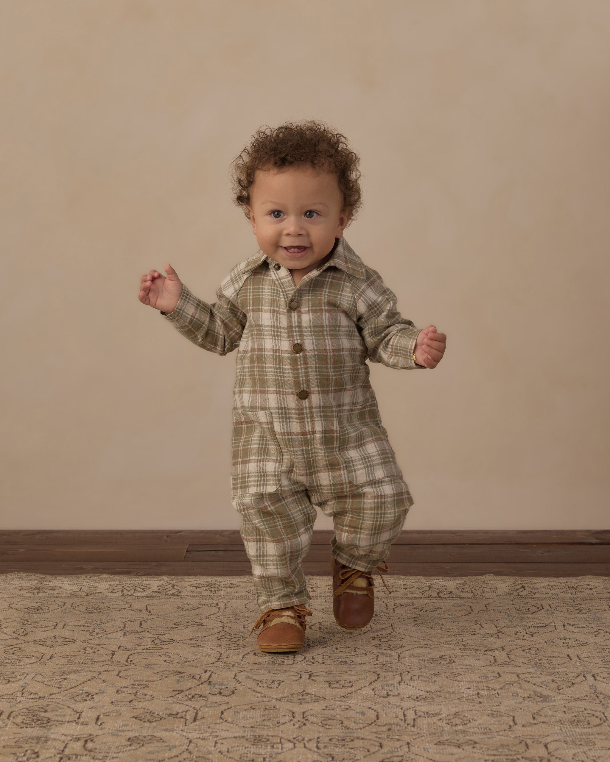 Collared Baby Jumpsuit Olive Dobby Plaid - Rylee + Cru | Kids Clothes | Trendy Baby Clothes | Modern Infant Outfits |