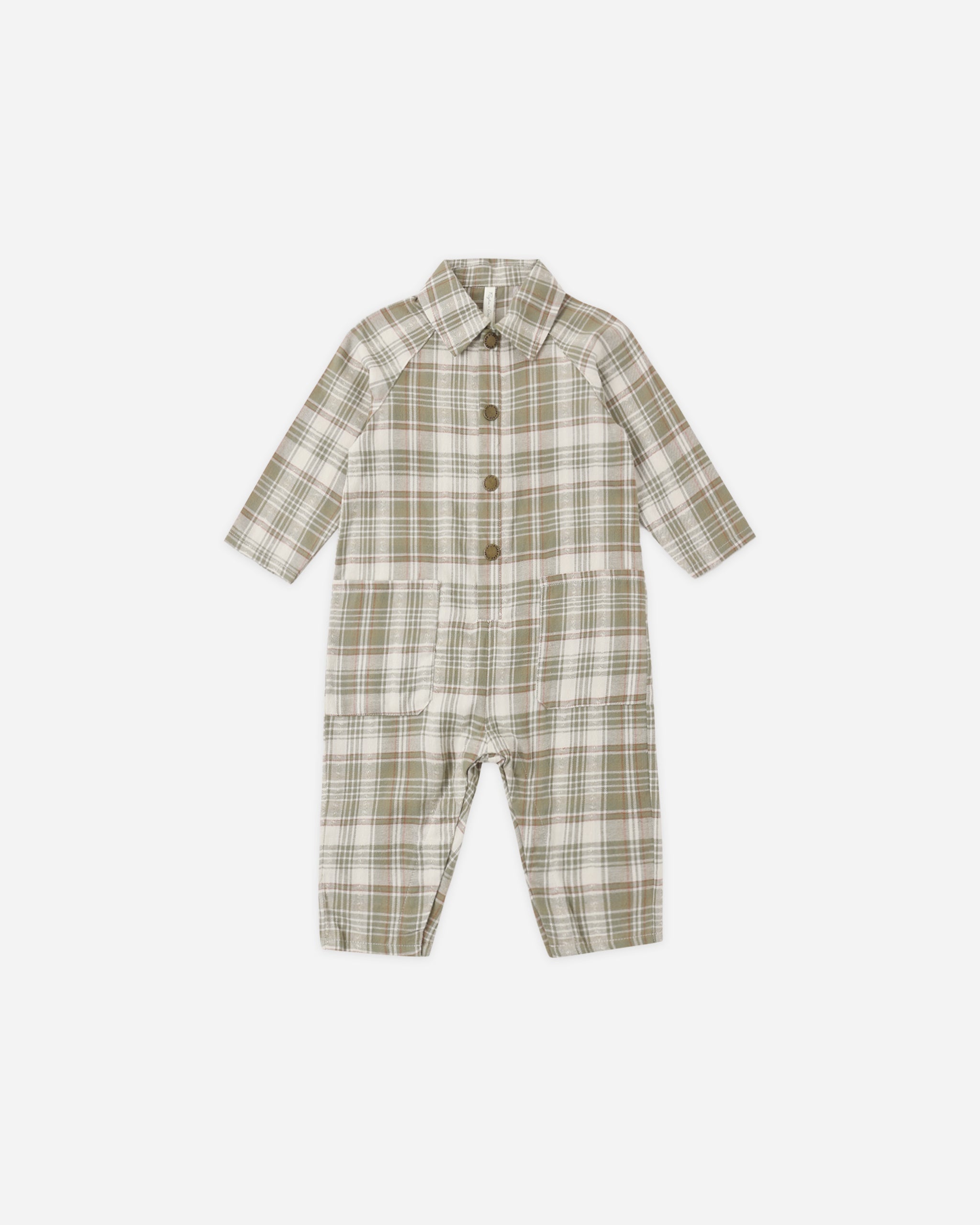 Collared Baby Jumpsuit Olive Dobby Plaid - Rylee + Cru | Kids Clothes | Trendy Baby Clothes | Modern Infant Outfits |