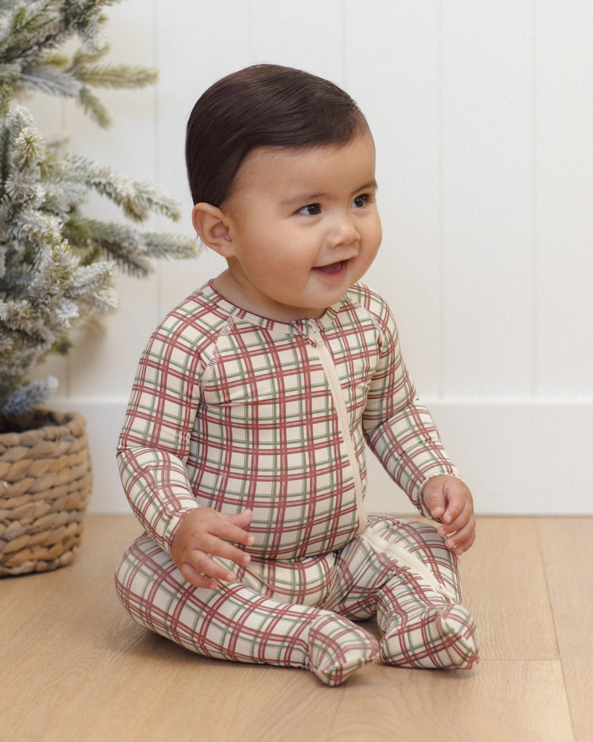 Bamboo Zip Footie Redwood Check - Rylee + Cru | Kids Clothes | Trendy Baby Clothes | Modern Infant Outfits |