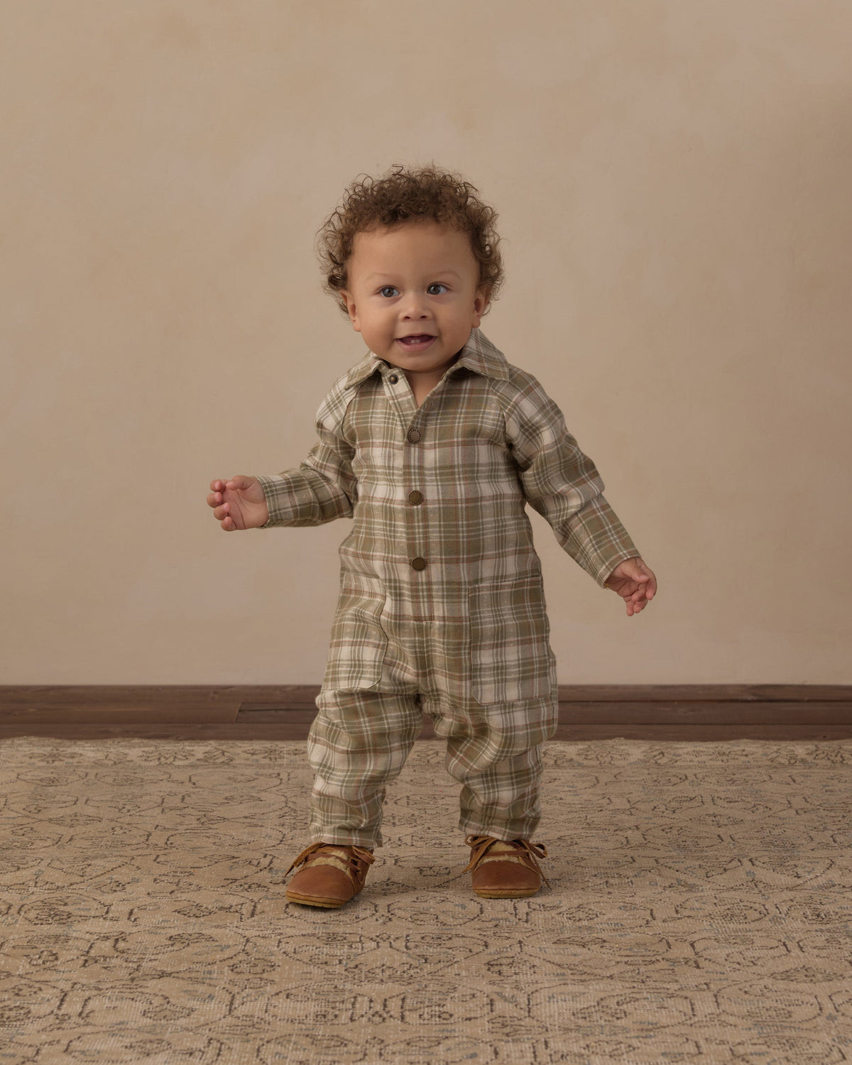 Collared Baby Jumpsuit Olive Dobby Plaid - Rylee + Cru | Kids Clothes | Trendy Baby Clothes | Modern Infant Outfits |
