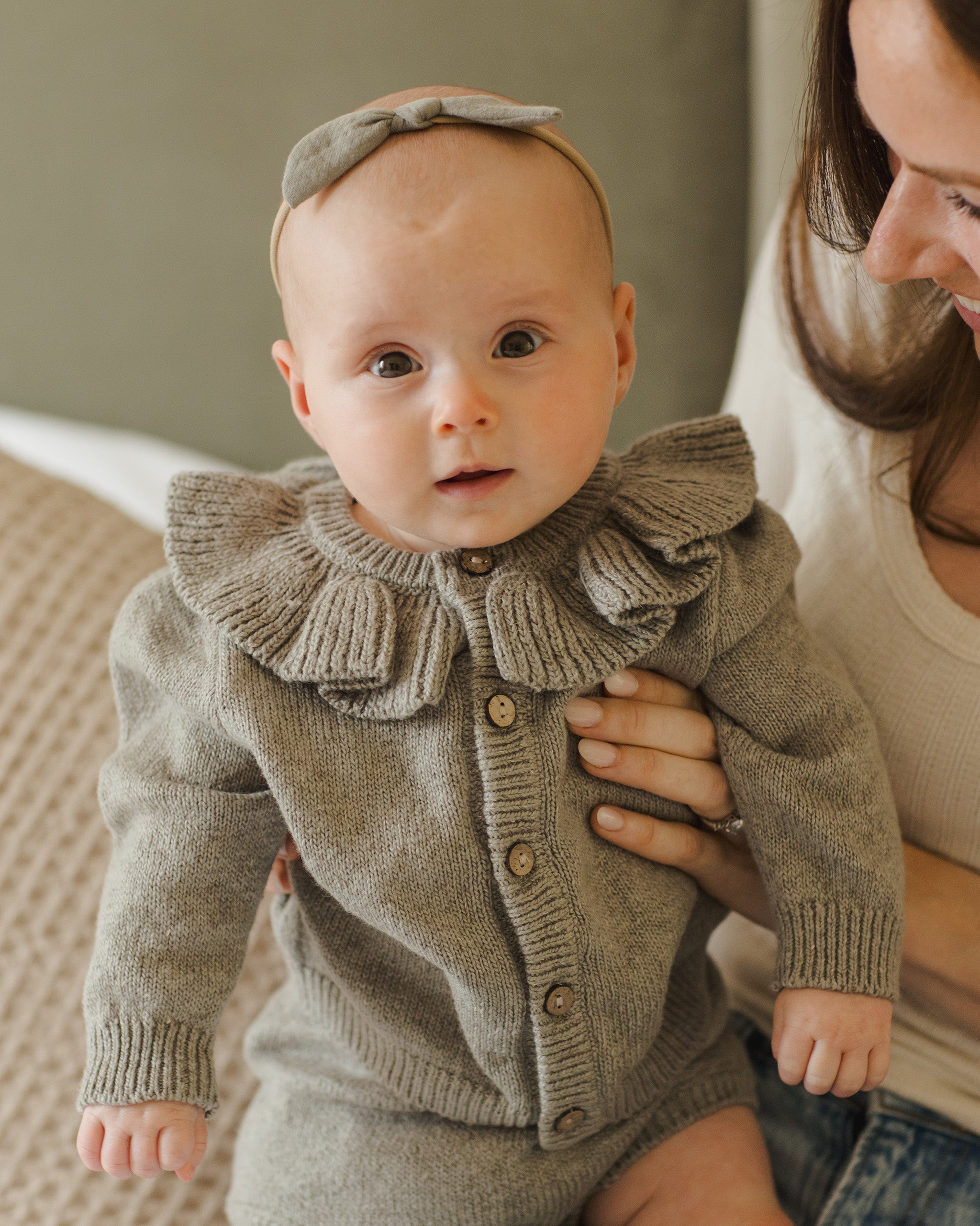 Ruffle Collar Cardigan || Heathered Basil