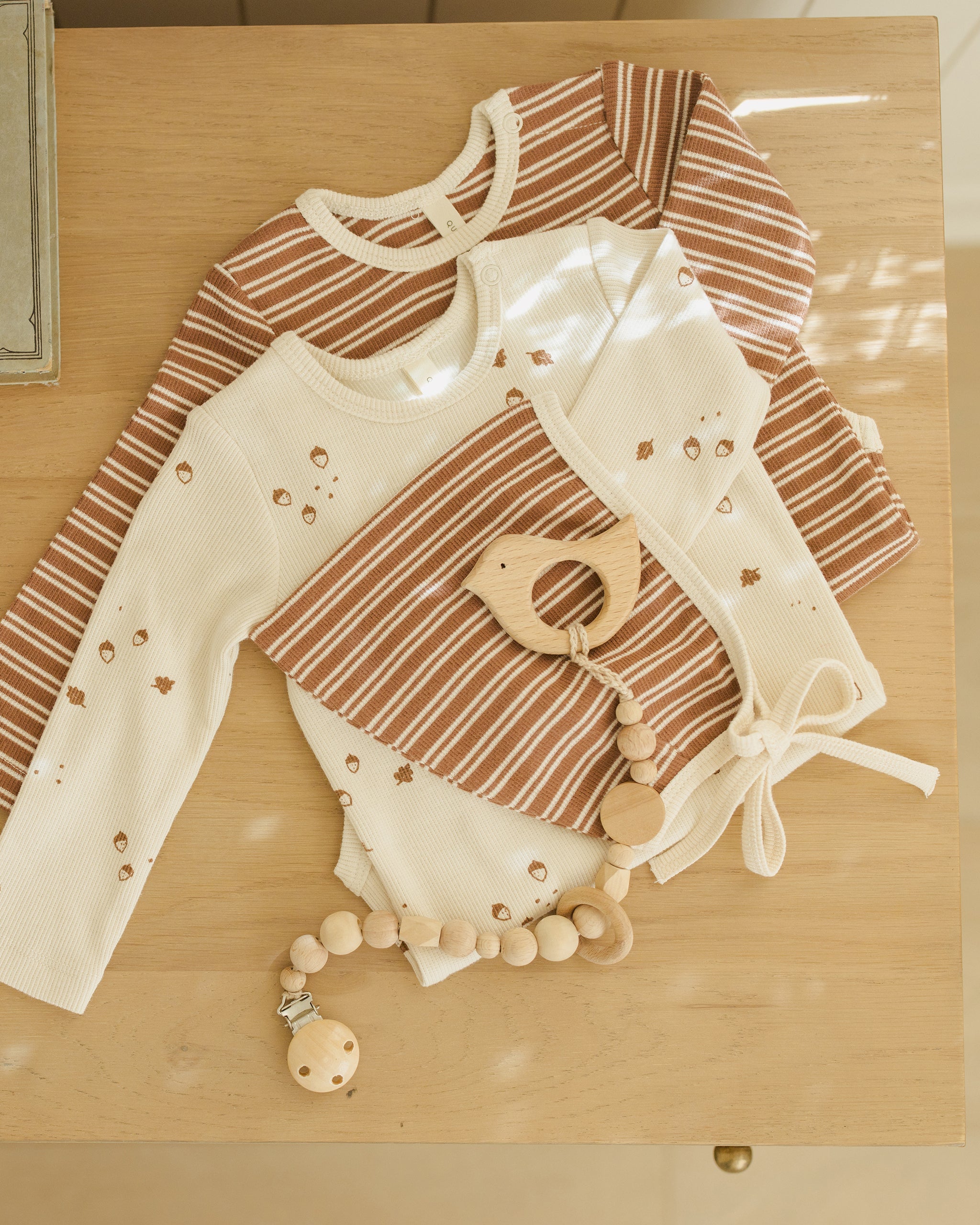 Ribbed Bodysuit, 2 Pack || Cedar Micro Stripe, Acorns