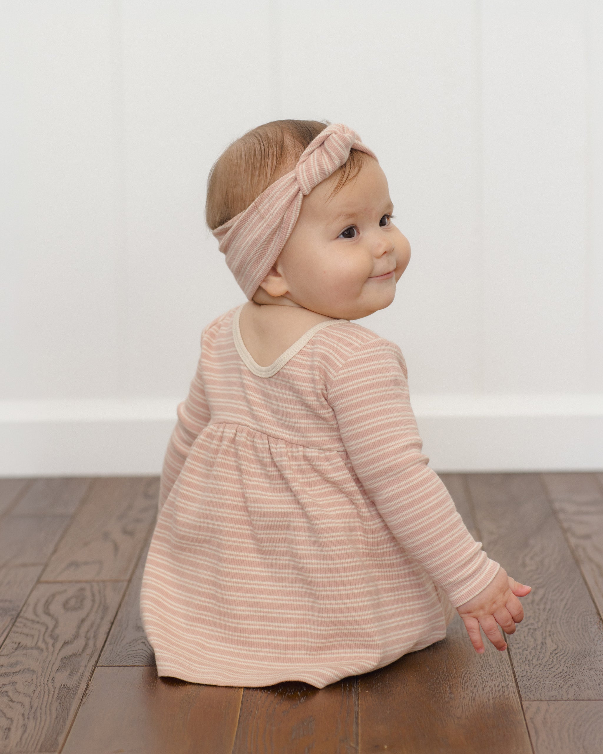 Ribbed Long Sleeve Dress Dusty Rose Microstripe - Rylee + Cru | Kids Clothes | Trendy Baby Clothes | Modern Infant Outfits |