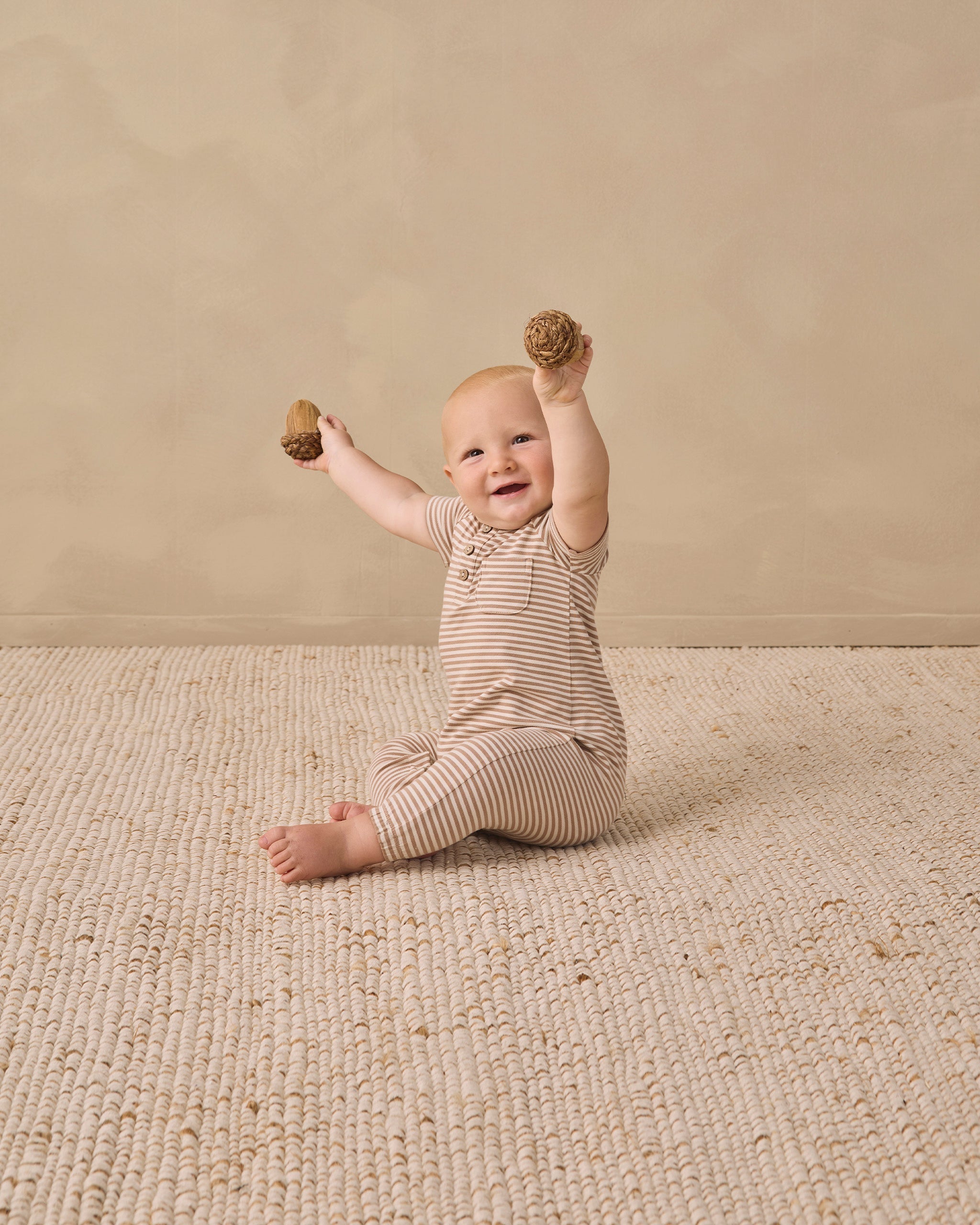 Short Sleeve Jumpsuit Almond Stripe - Rylee + Cru | Kids Clothes | Trendy Baby Clothes | Modern Infant Outfits |