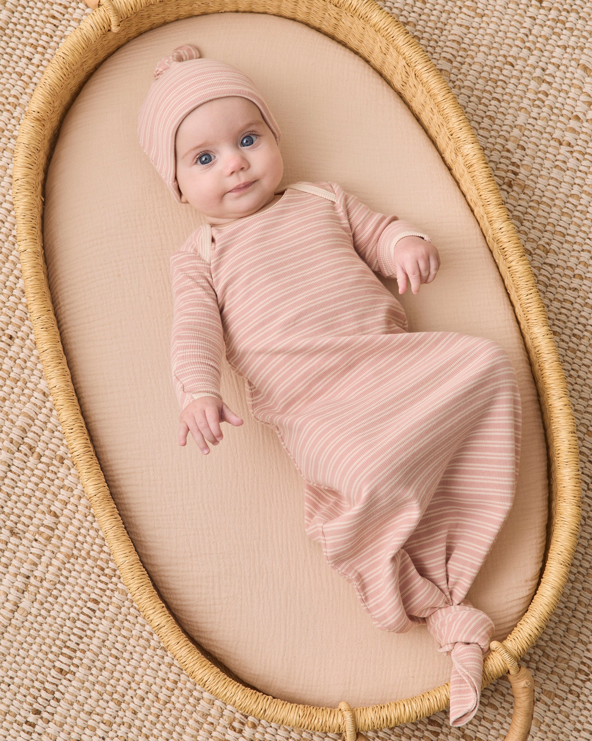 Knotted Baby Gown + Hat Set Dusty Rose Microstripe - Rylee + Cru | Kids Clothes | Trendy Baby Clothes | Modern Infant Outfits |