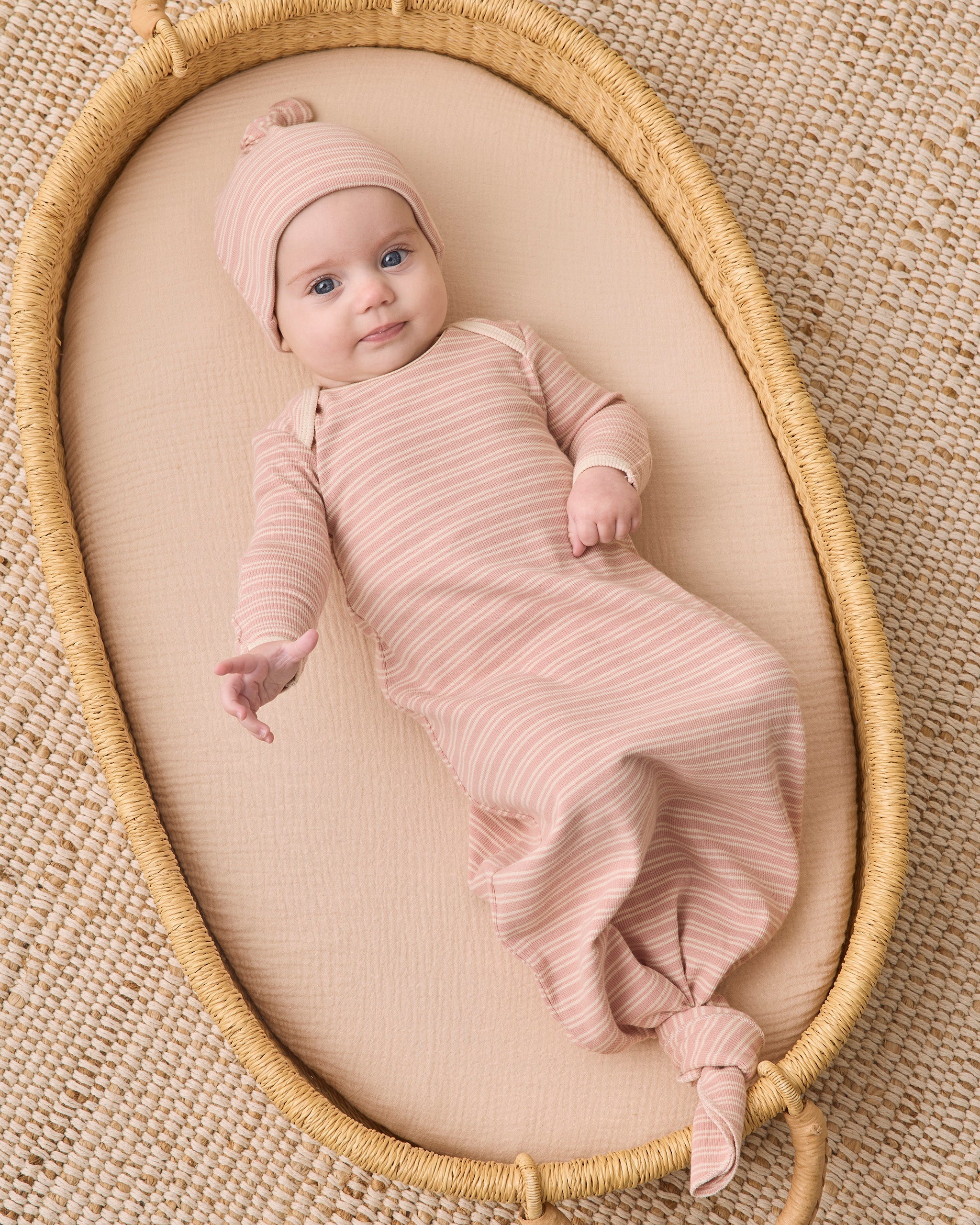 Knotted Baby Gown + Hat Set Dusty Rose Microstripe - Rylee + Cru | Kids Clothes | Trendy Baby Clothes | Modern Infant Outfits |