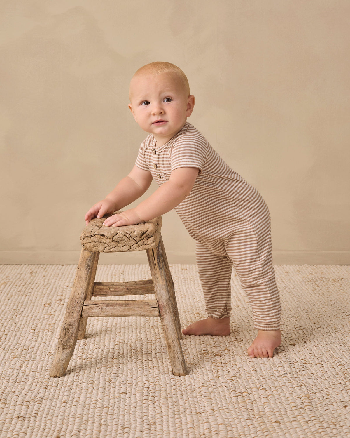 Short Sleeve Jumpsuit Almond Stripe - Rylee + Cru | Kids Clothes | Trendy Baby Clothes | Modern Infant Outfits |