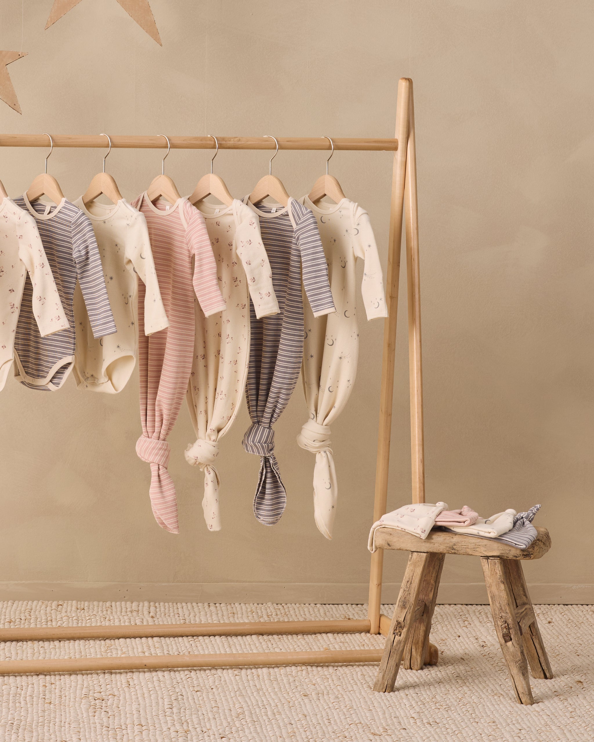Knotted Baby Gown + Hat Set Dusty Rose Microstripe - Rylee + Cru | Kids Clothes | Trendy Baby Clothes | Modern Infant Outfits |