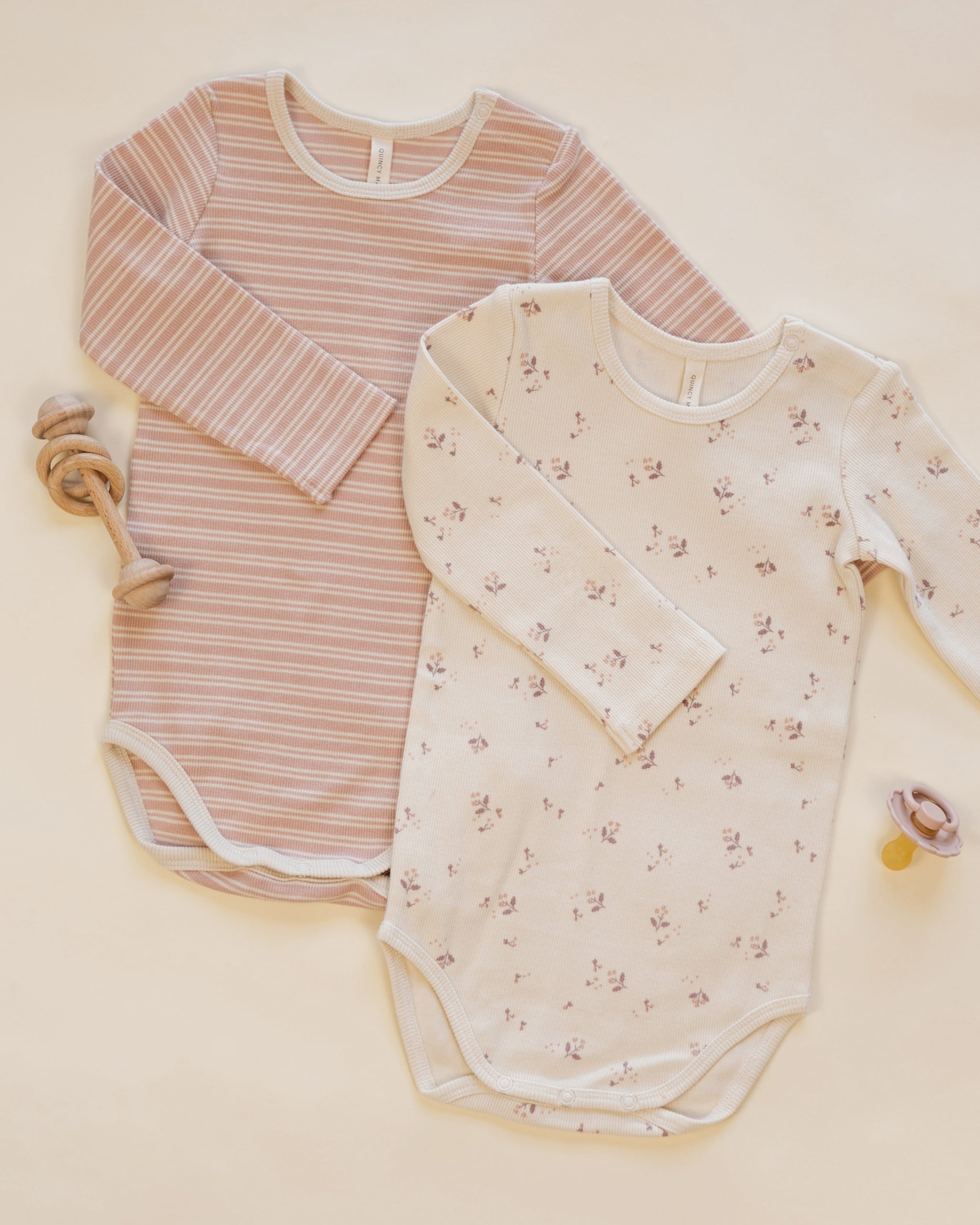 Ribbed Bodysuit, 2 Pack Dusty Rose Microstripe, Fall Ditsy - Rylee + Cru | Kids Clothes | Trendy Baby Clothes | Modern Infant Outfits |
