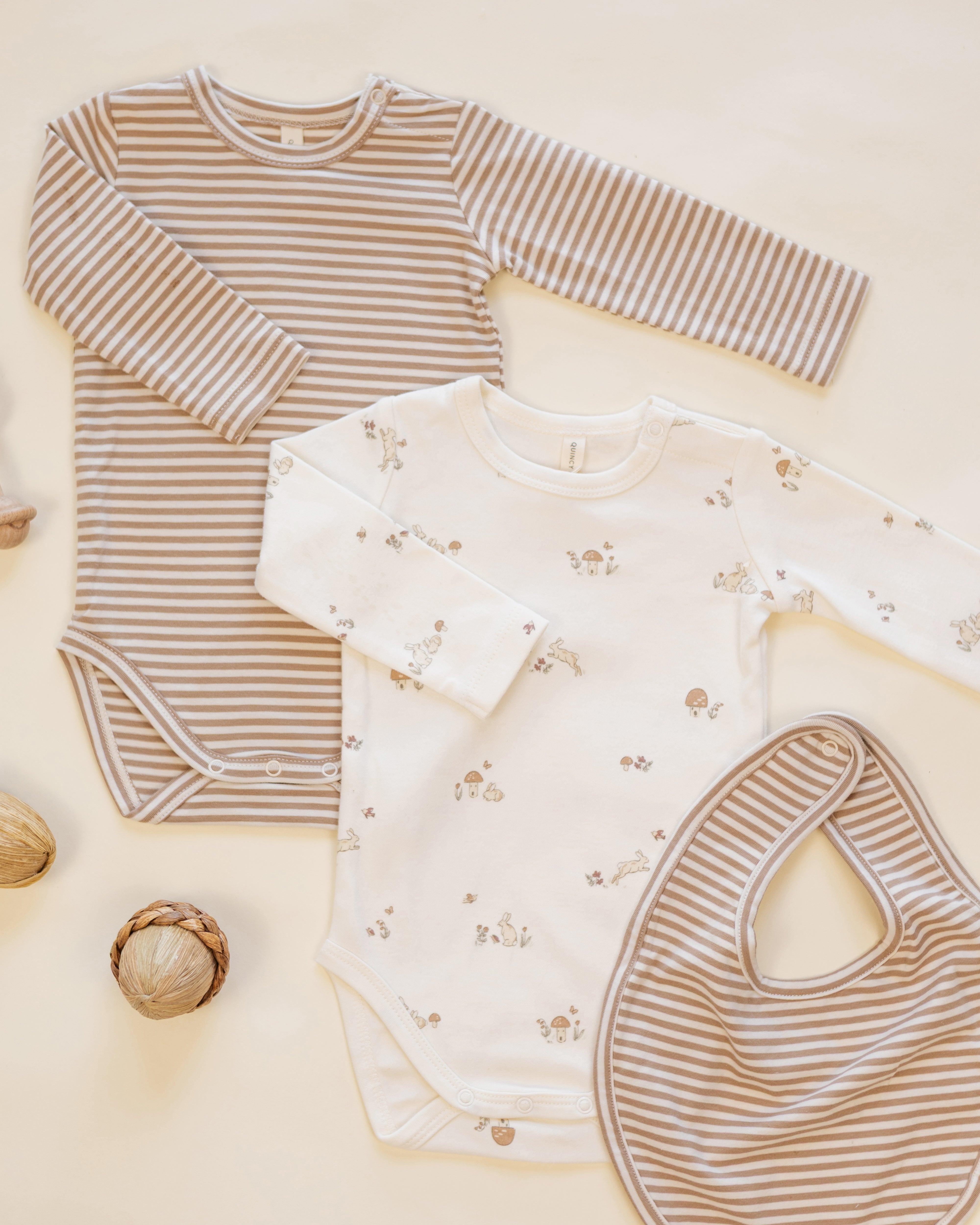 Jersey Bodysuit, 2 Pack Bunnies, Almond Stripe - Rylee + Cru | Kids Clothes | Trendy Baby Clothes | Modern Infant Outfits |