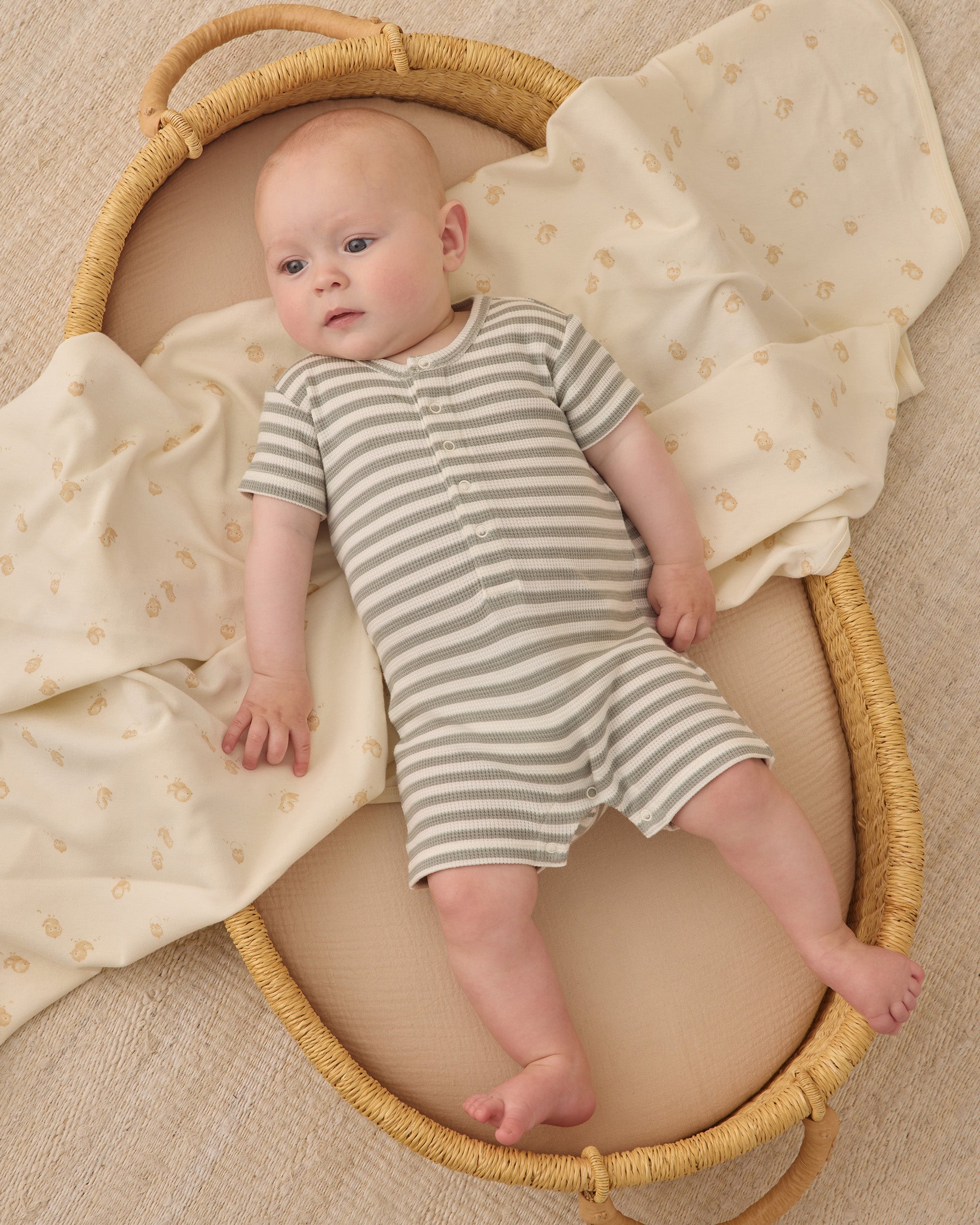 Waffle Snap Romper Sage Stripe - Rylee + Cru | Kids Clothes | Trendy Baby Clothes | Modern Infant Outfits |