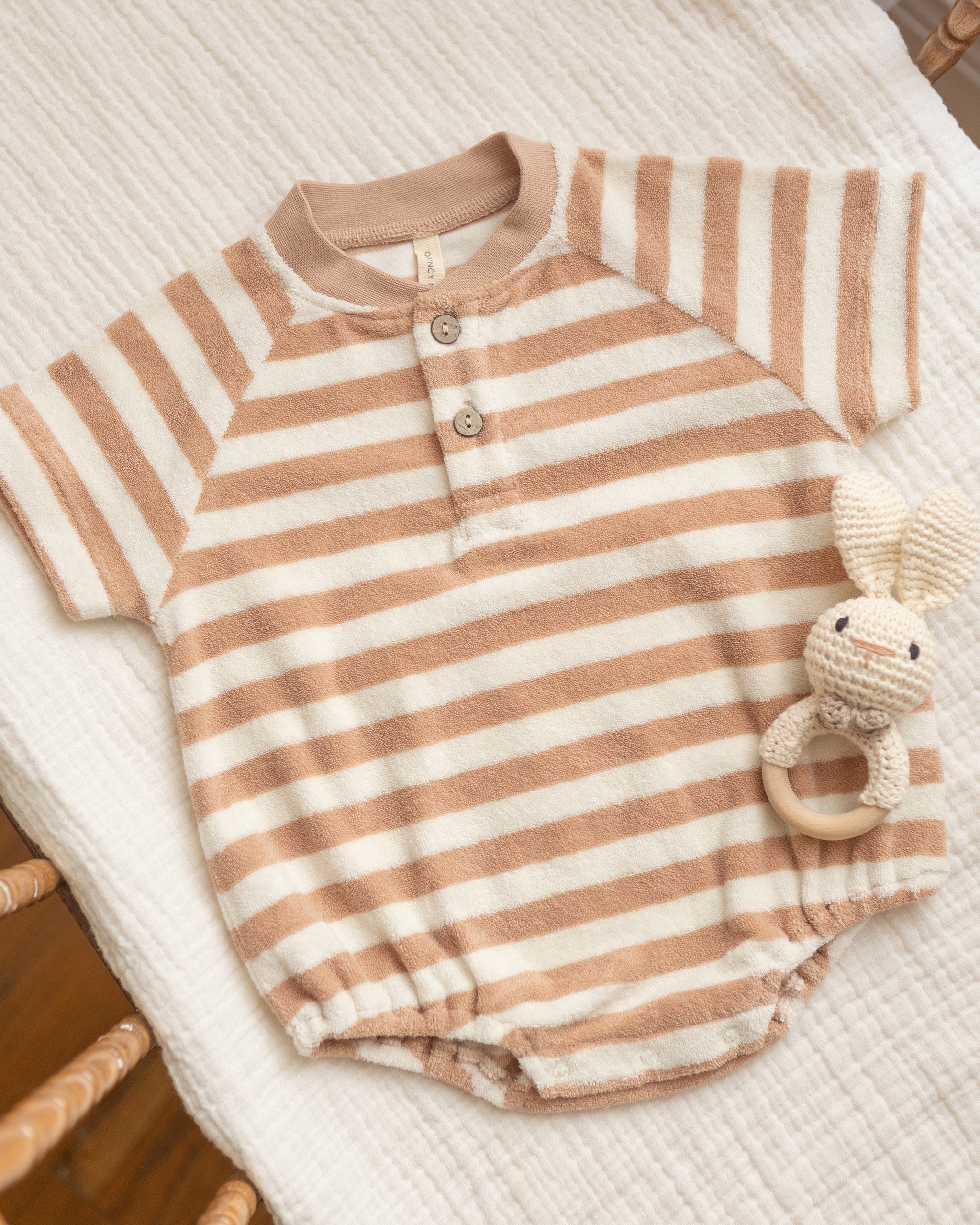 Terry Henley Romper Latte Stripe - Rylee + Cru | Kids Clothes | Trendy Baby Clothes | Modern Infant Outfits |