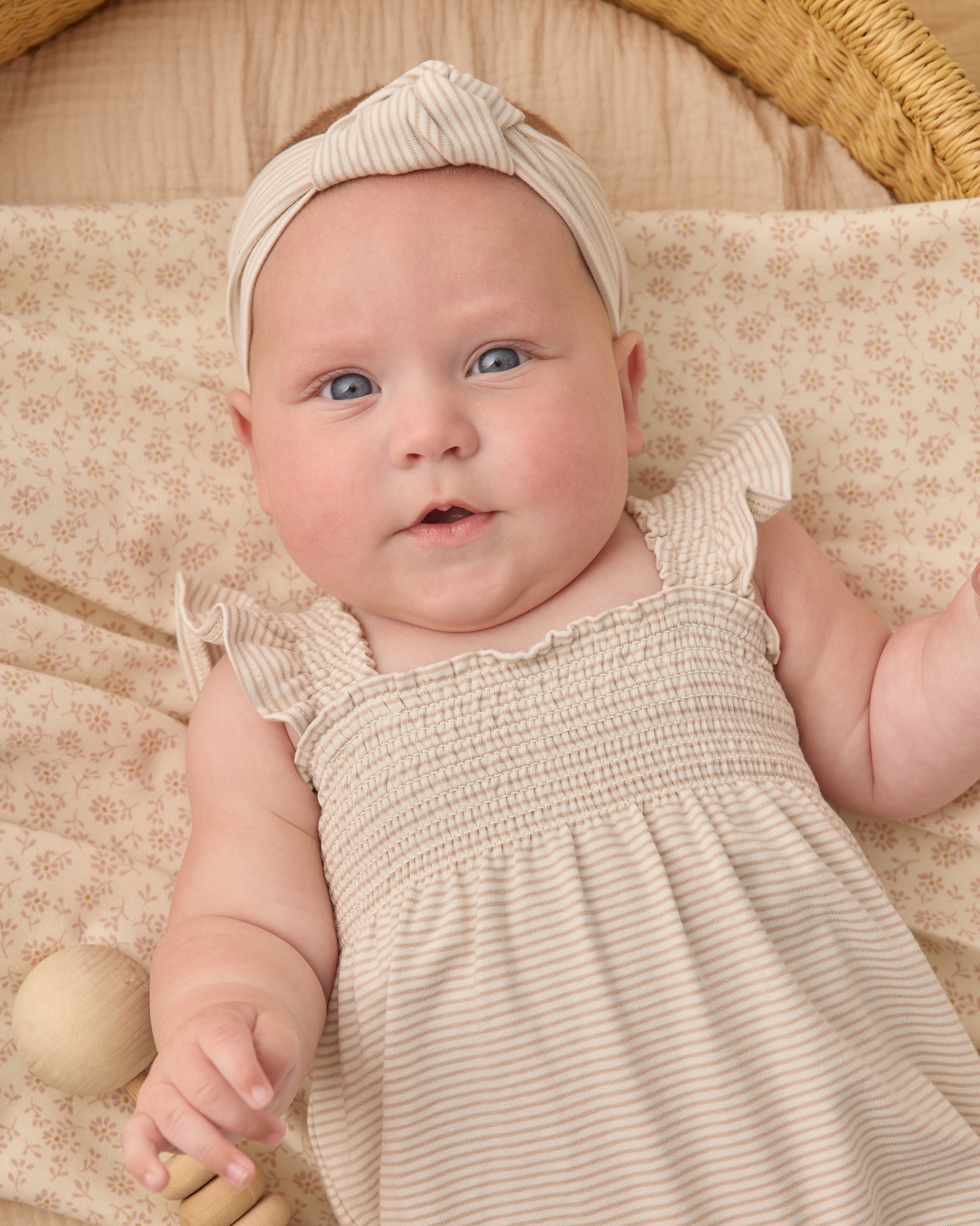 Smocked Ruffle Sleeve Romper Oat Micro Stripe - Rylee + Cru | Kids Clothes | Trendy Baby Clothes | Modern Infant Outfits |