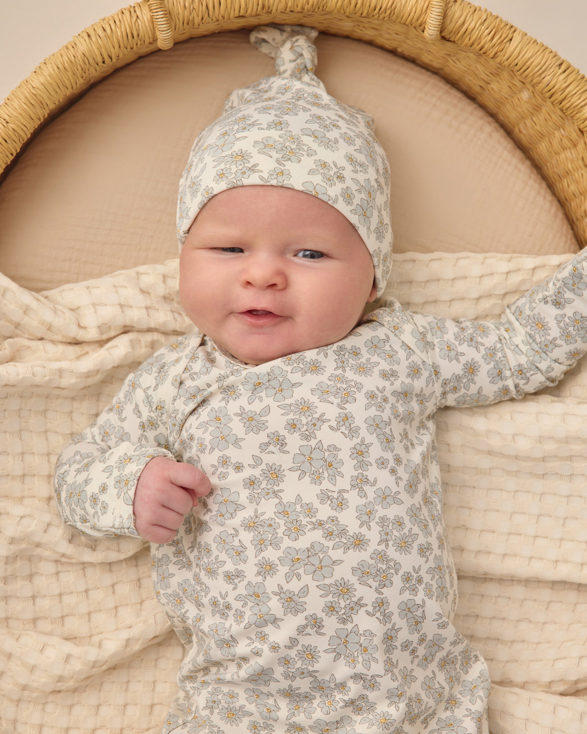 Bamboo Baby Gown + Hat Set Blue Floral - Rylee + Cru | Kids Clothes | Trendy Baby Clothes | Modern Infant Outfits |