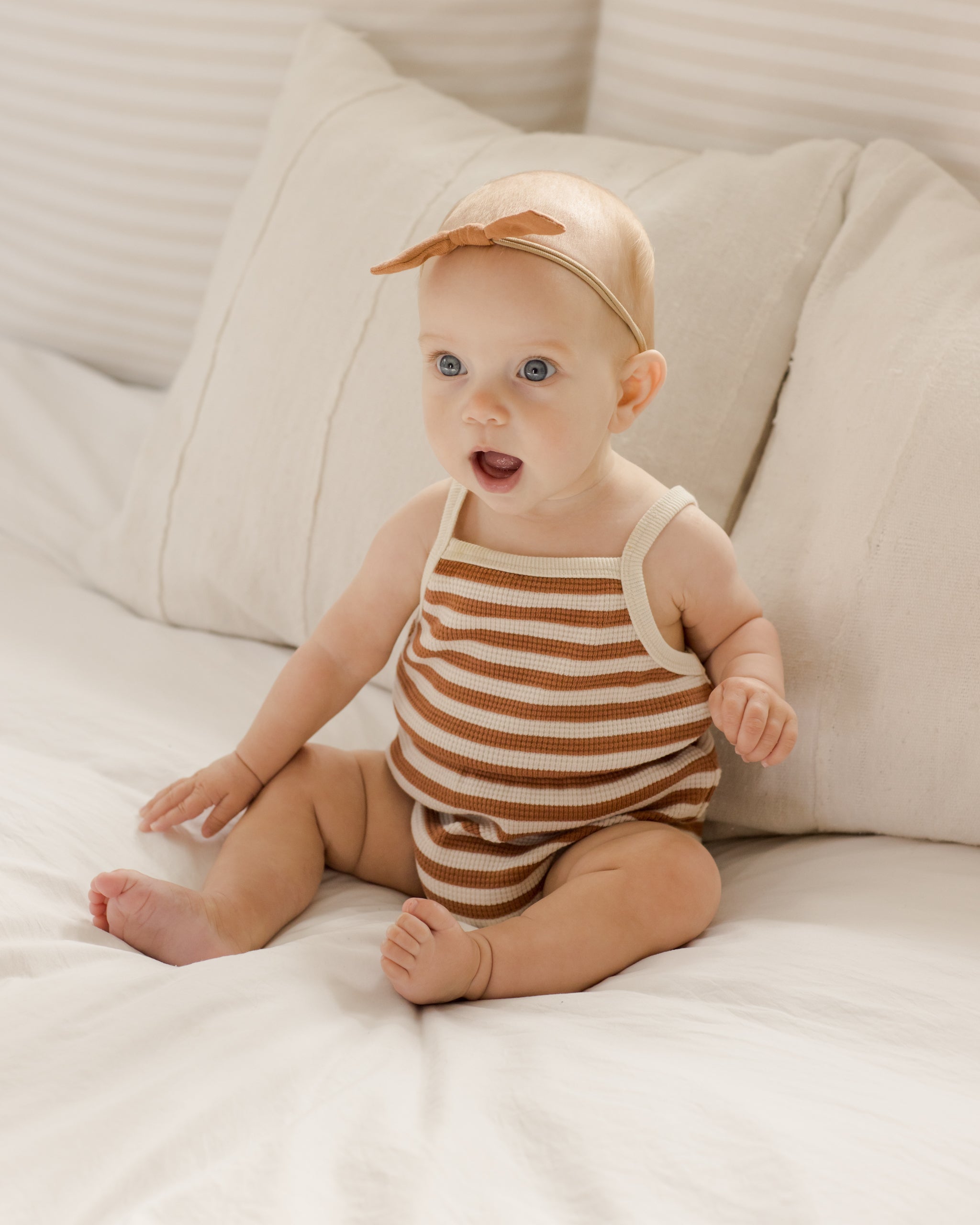 Waffle Cinch Romper || Clay Stripe - Rylee + Cru | Kids Clothes | Trendy Baby Clothes | Modern Infant Outfits |