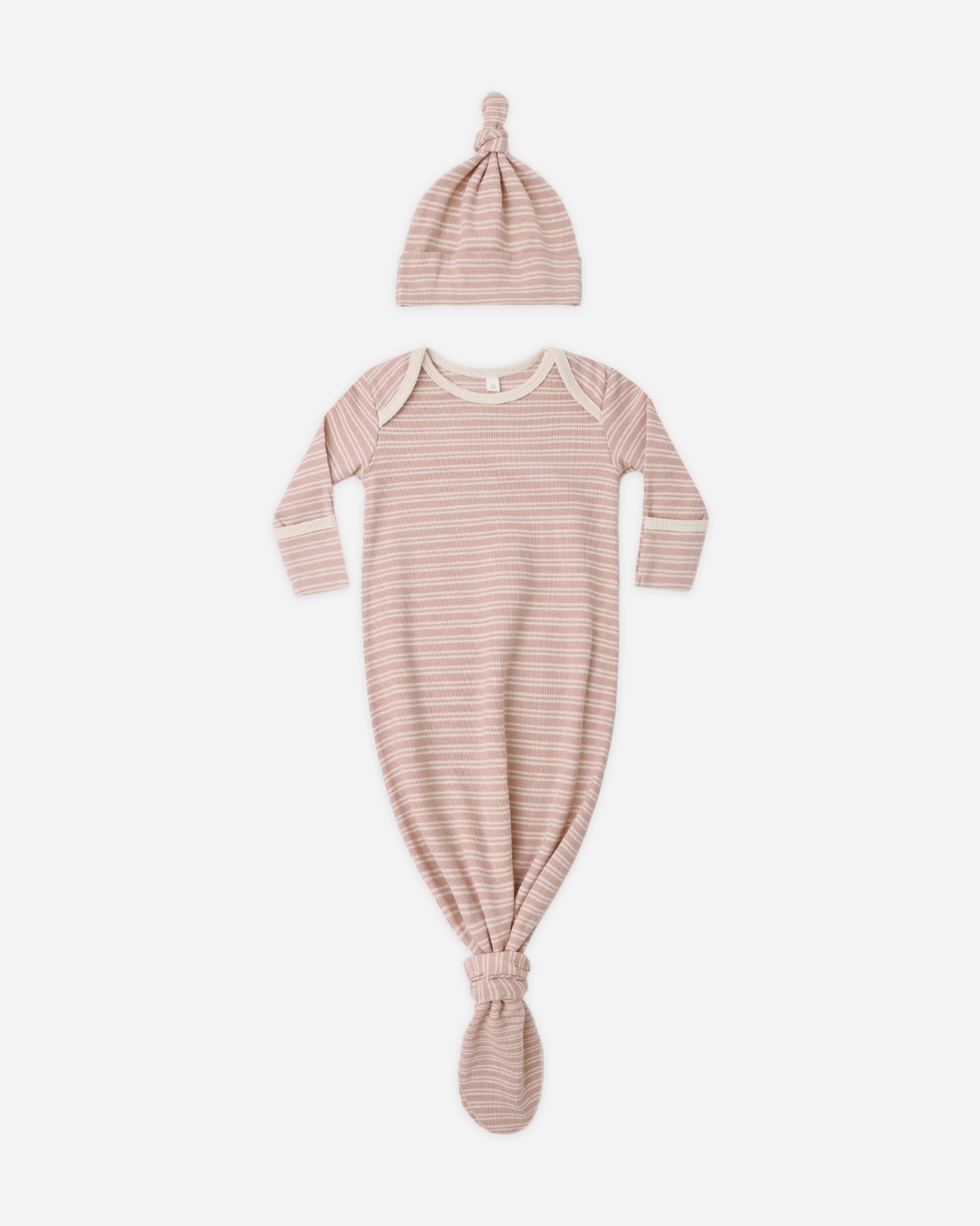 Knotted Baby Gown + Hat Set Dusty Rose Microstripe - Rylee + Cru | Kids Clothes | Trendy Baby Clothes | Modern Infant Outfits |