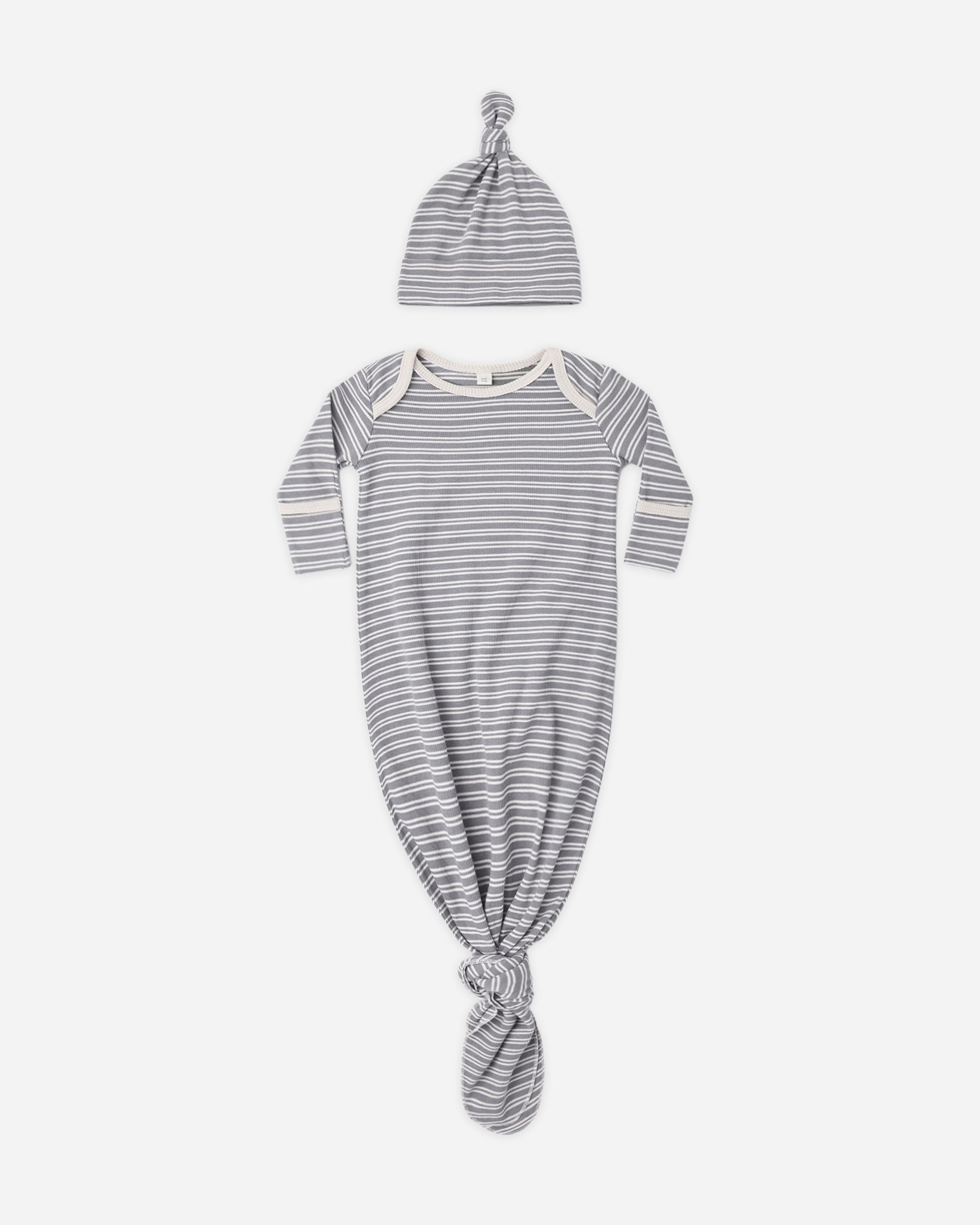 Knotted Baby Gown + Hat Set Slate Microstripe - Rylee + Cru | Kids Clothes | Trendy Baby Clothes | Modern Infant Outfits |