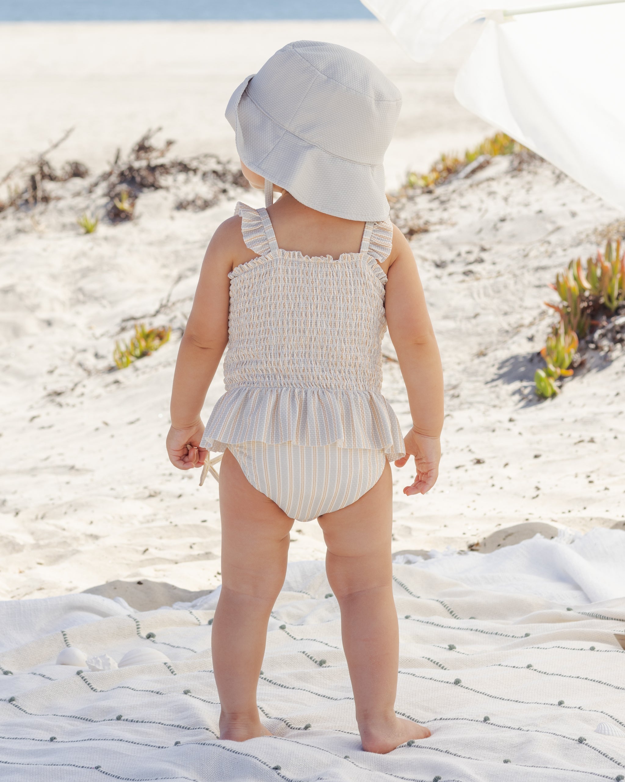 Smocked One-Piece Swimsuit Blue + Butterscotch Stripe - Rylee + Cru | Kids Clothes | Trendy Baby Clothes | Modern Infant Outfits |