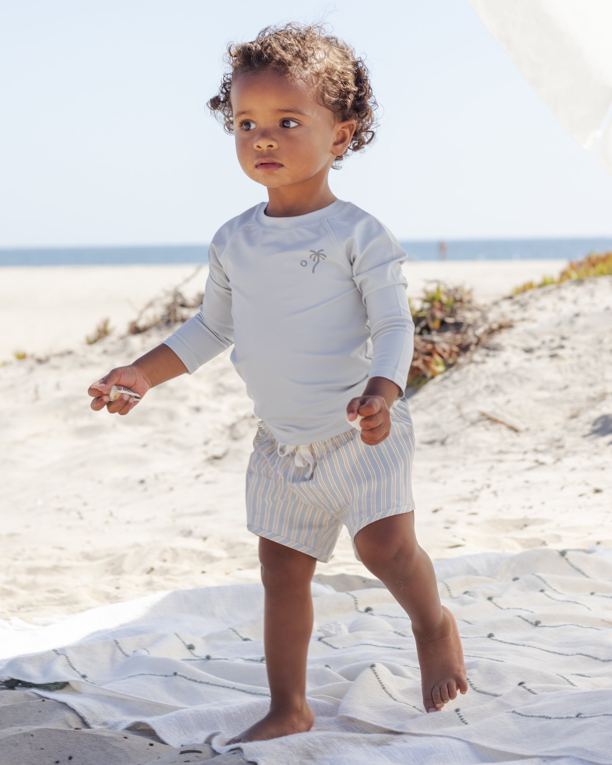 Boys Swim Short Blue + Butterscotch Stripe - Rylee + Cru | Kids Clothes | Trendy Baby Clothes | Modern Infant Outfits |