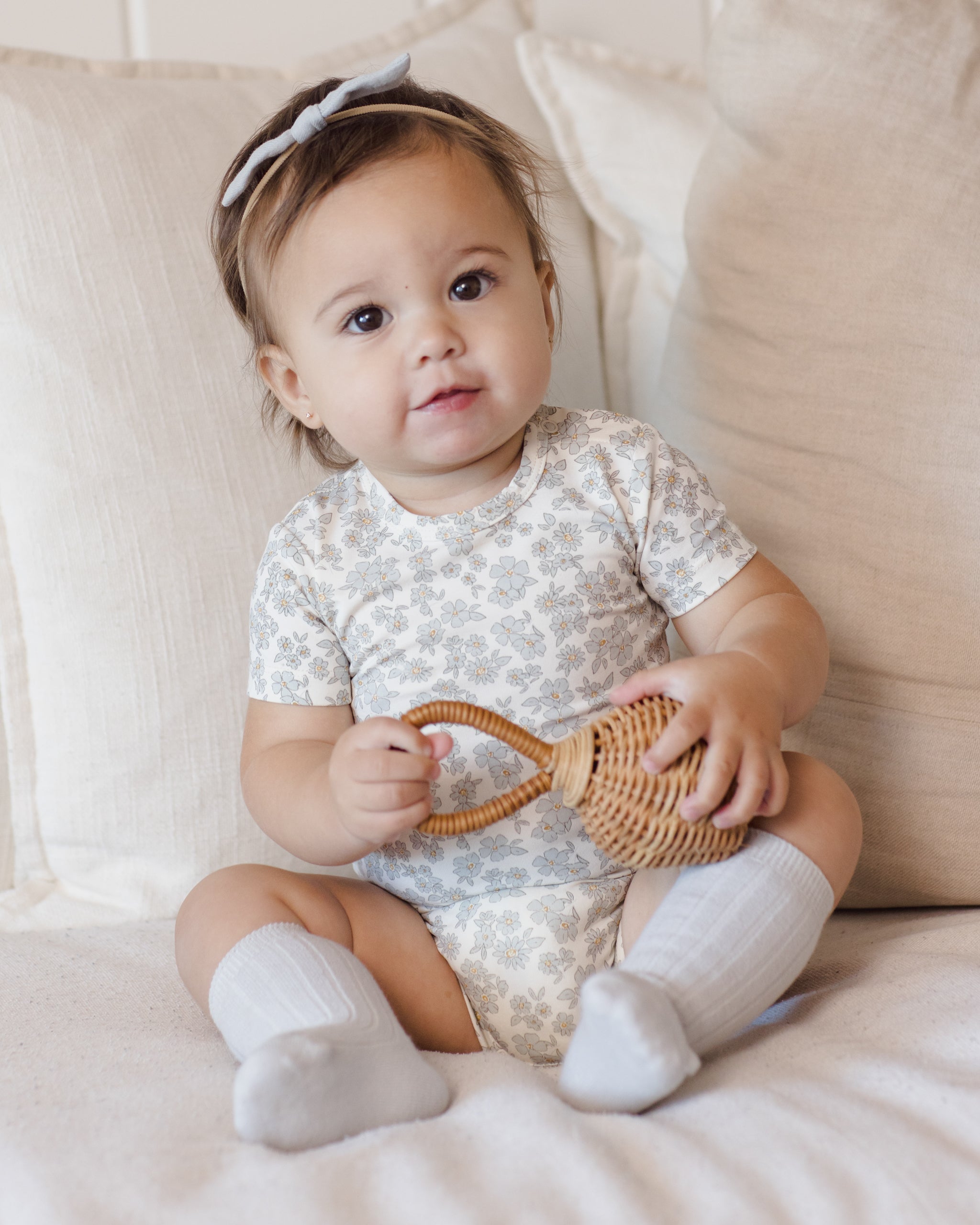 Bamboo Short Sleeve Bodysuit Blue Floral - Rylee + Cru | Kids Clothes | Trendy Baby Clothes | Modern Infant Outfits |