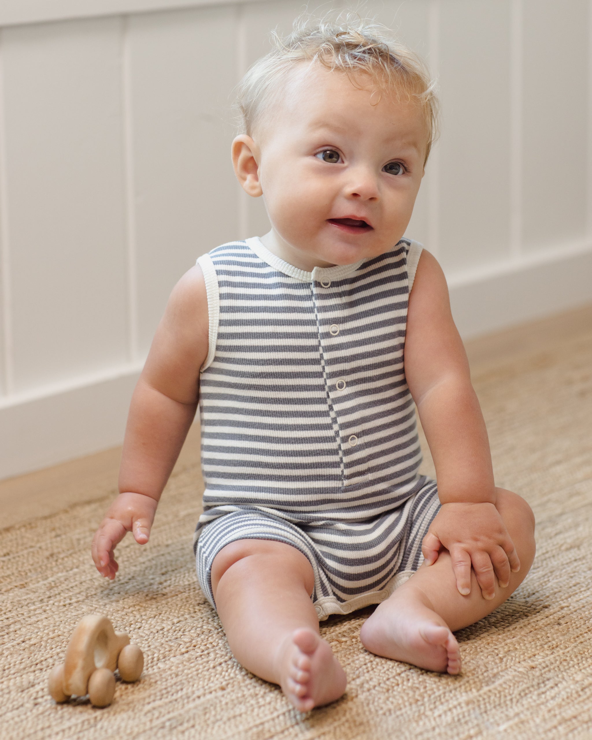 Ribbed Henley Romper Ocean Stripe - Rylee + Cru | Kids Clothes | Trendy Baby Clothes | Modern Infant Outfits |