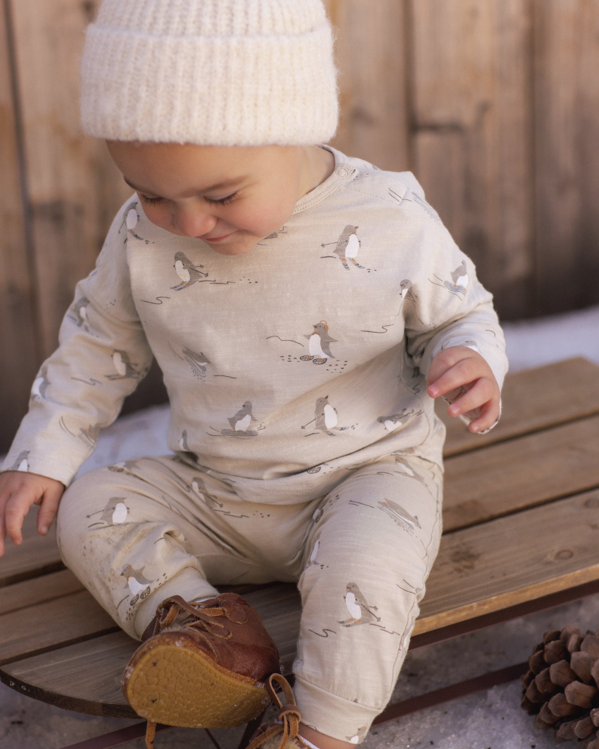 Long Sleeve Tee + Pant Set Skiing Penguins