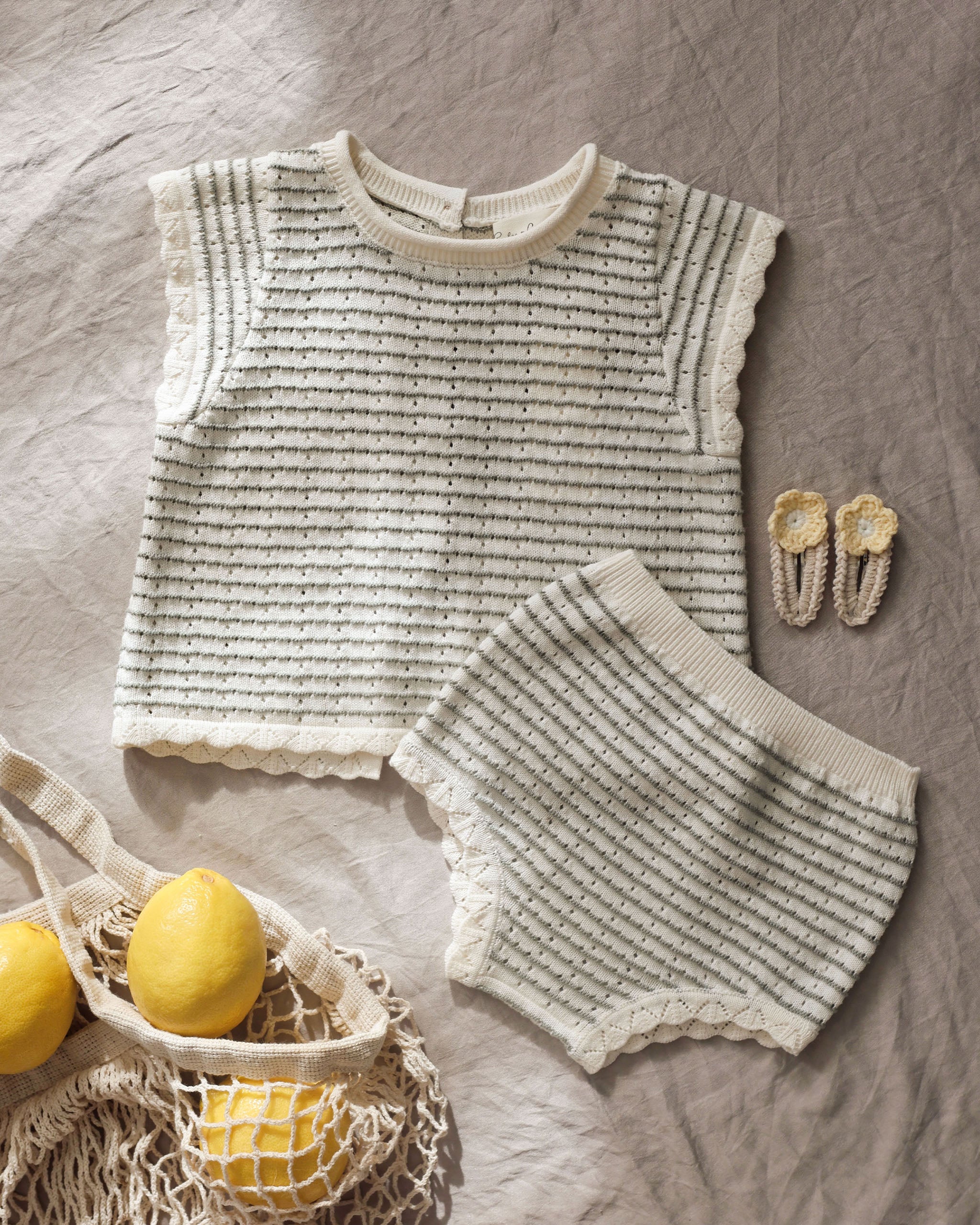 Scallop Knit Baby Set || Sage Stripe