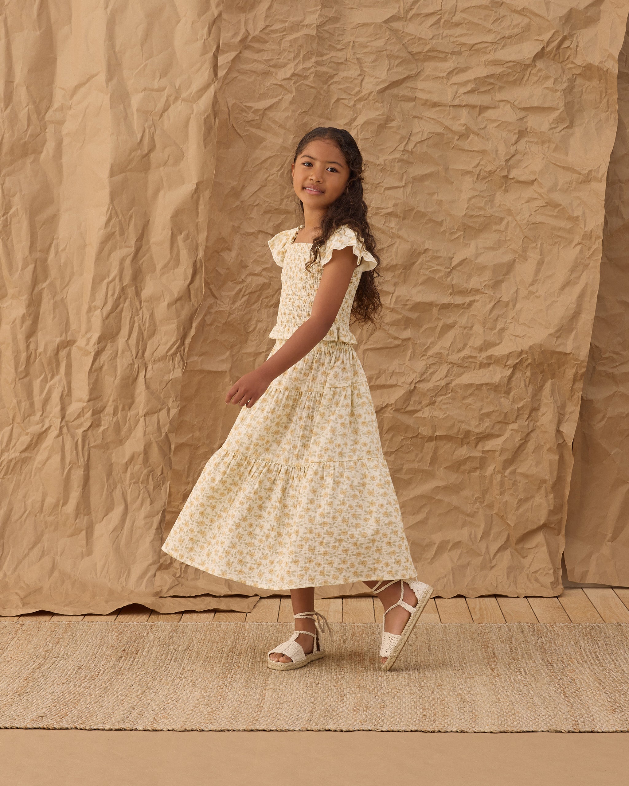 Tiered Midi Skirt Yellow Floral