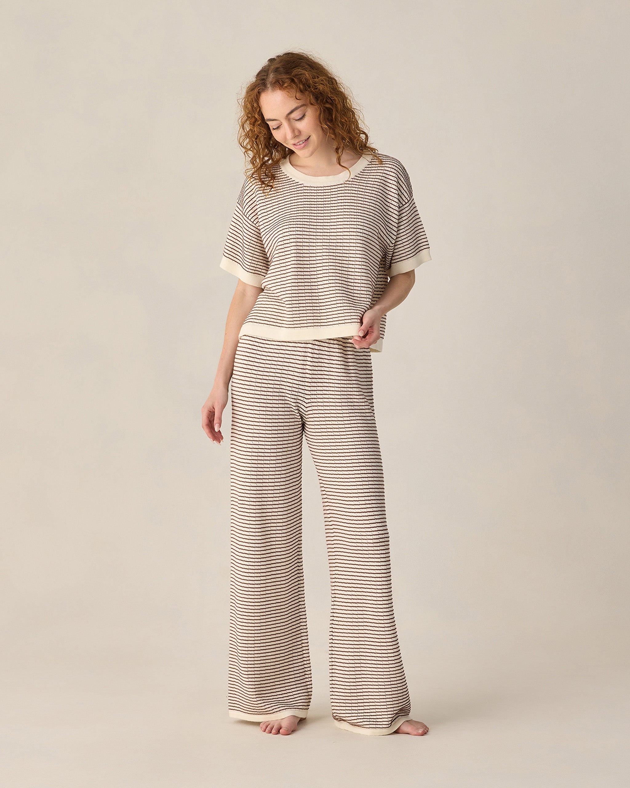Women's Boxy Crop Knit Tee Chocolate Stripe