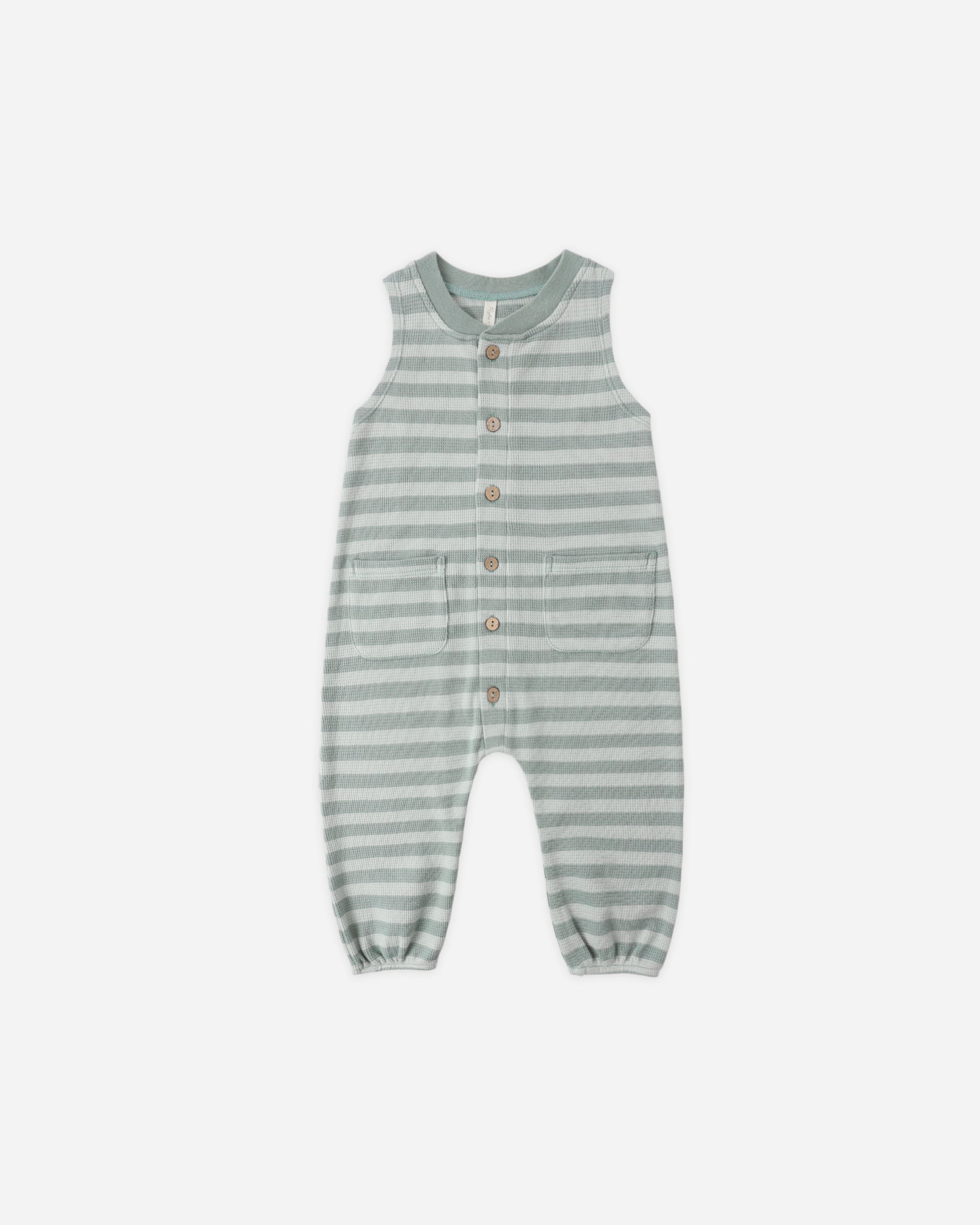 Summer Waffle Jumpsuit Sea Green Stripe - Rylee + Cru | Kids Clothes | Trendy Baby Clothes | Modern Infant Outfits |