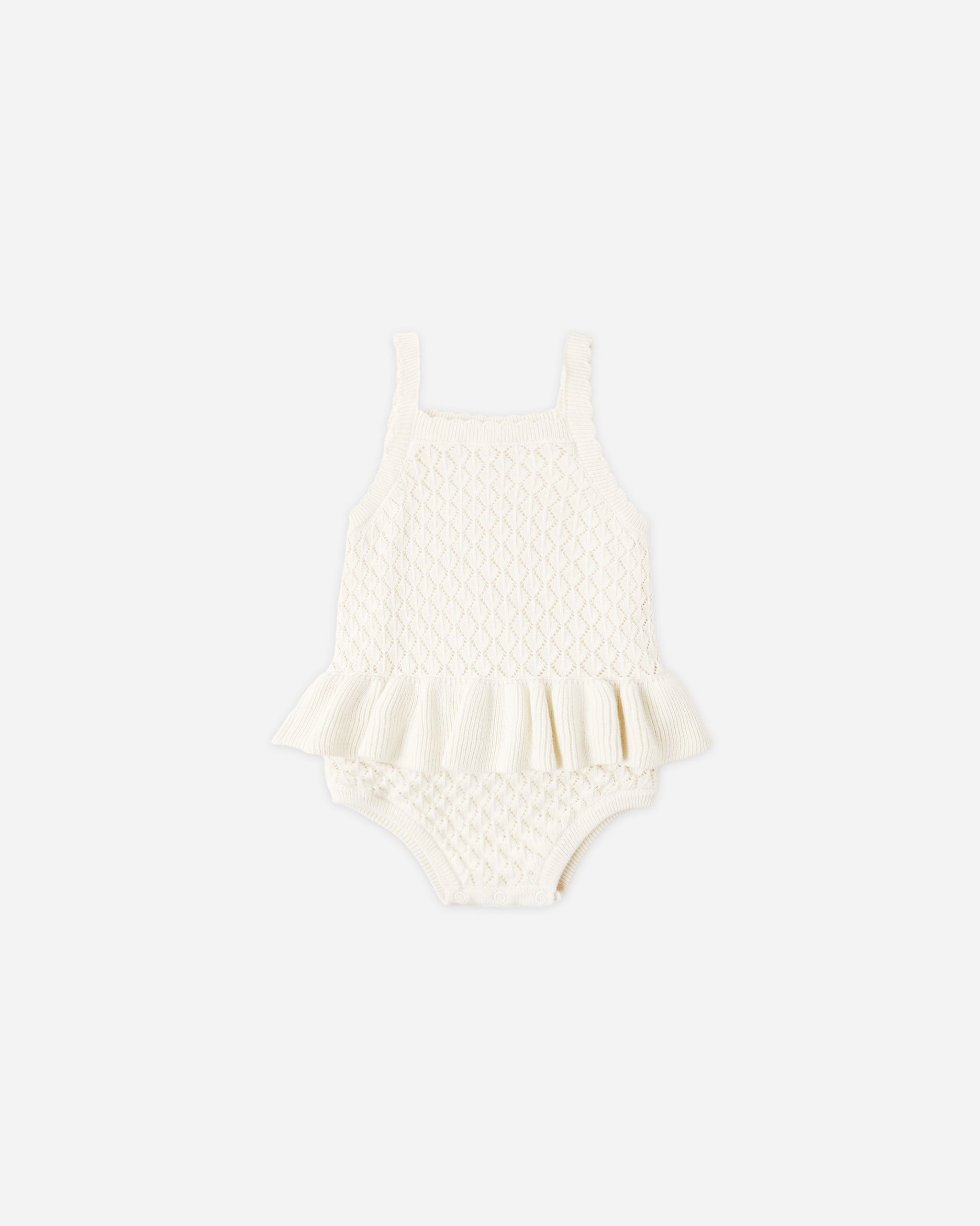 Crochet Ruffle Romper Natural - Rylee + Cru | Kids Clothes | Trendy Baby Clothes | Modern Infant Outfits |