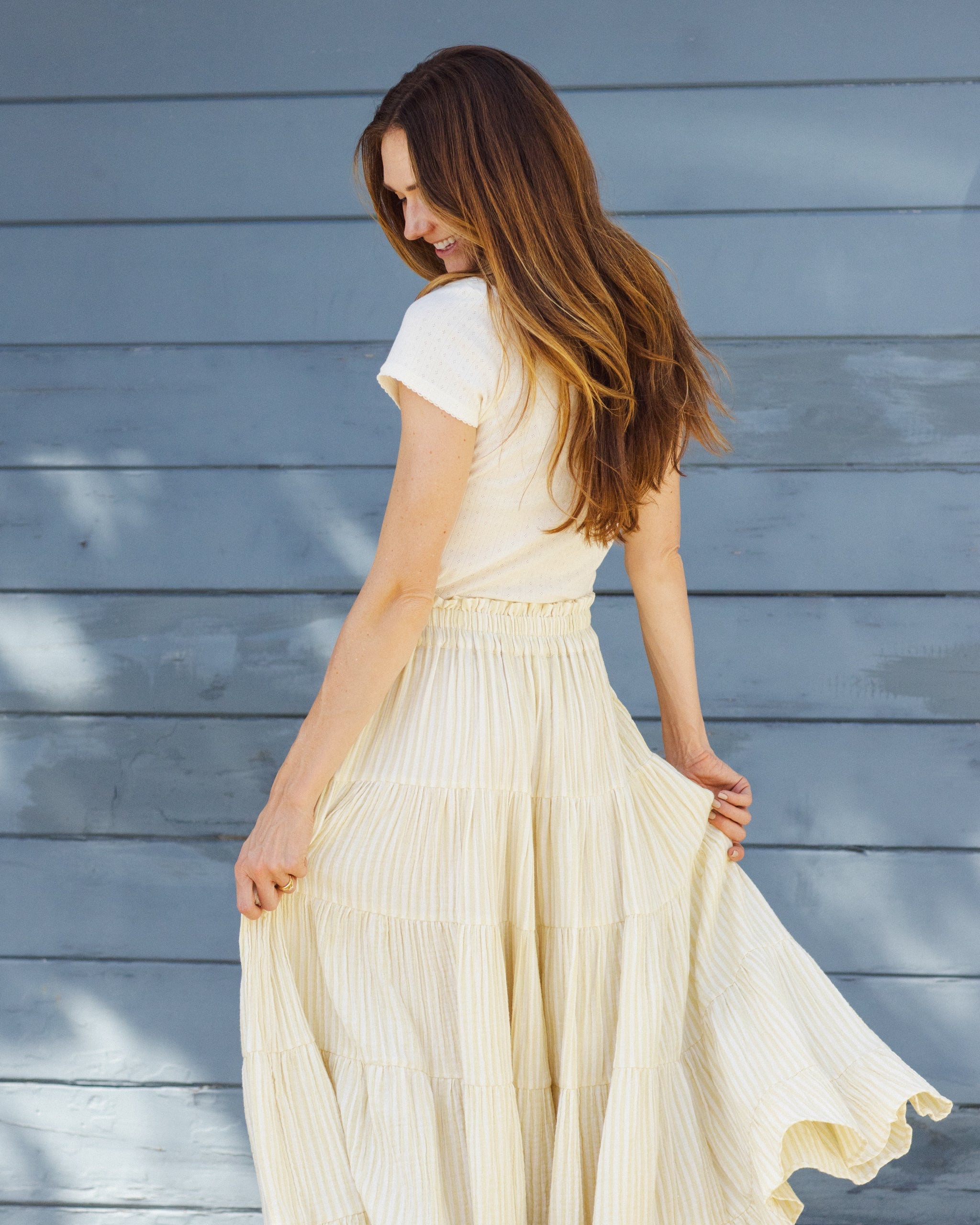 Women's Ruffle Tiered Maxi Skirt Citron Stripe - Rylee + Cru | Kids Clothes | Trendy Baby Clothes | Modern Infant Outfits |