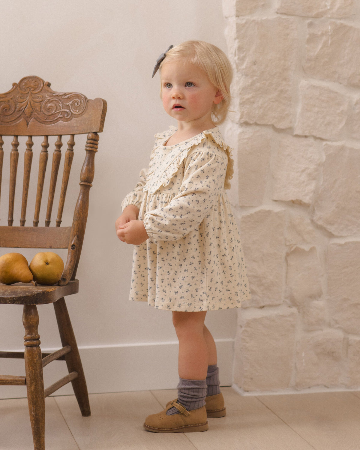 Long Sleeve Ruffle V Dress Blue Ditsy - Rylee + Cru | Kids Clothes | Trendy Baby Clothes | Modern Infant Outfits |