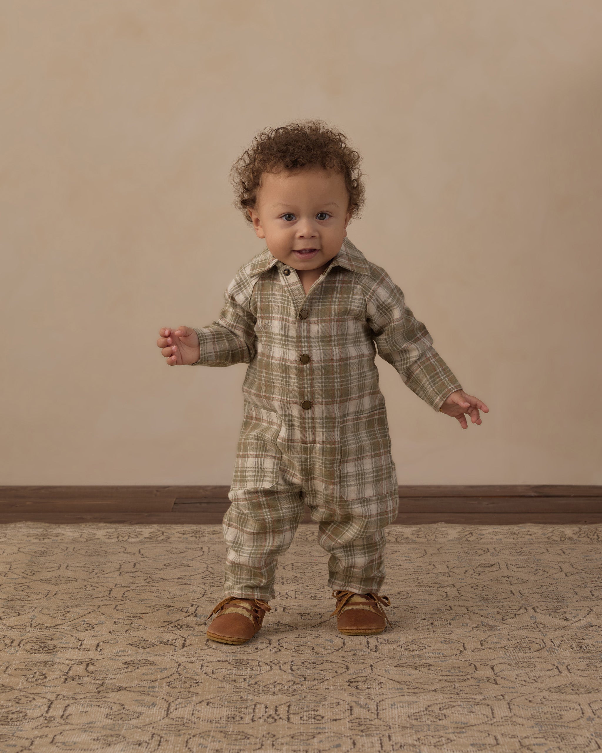 Collared Baby Jumpsuit Olive Dobby Plaid - Rylee + Cru | Kids Clothes | Trendy Baby Clothes | Modern Infant Outfits |